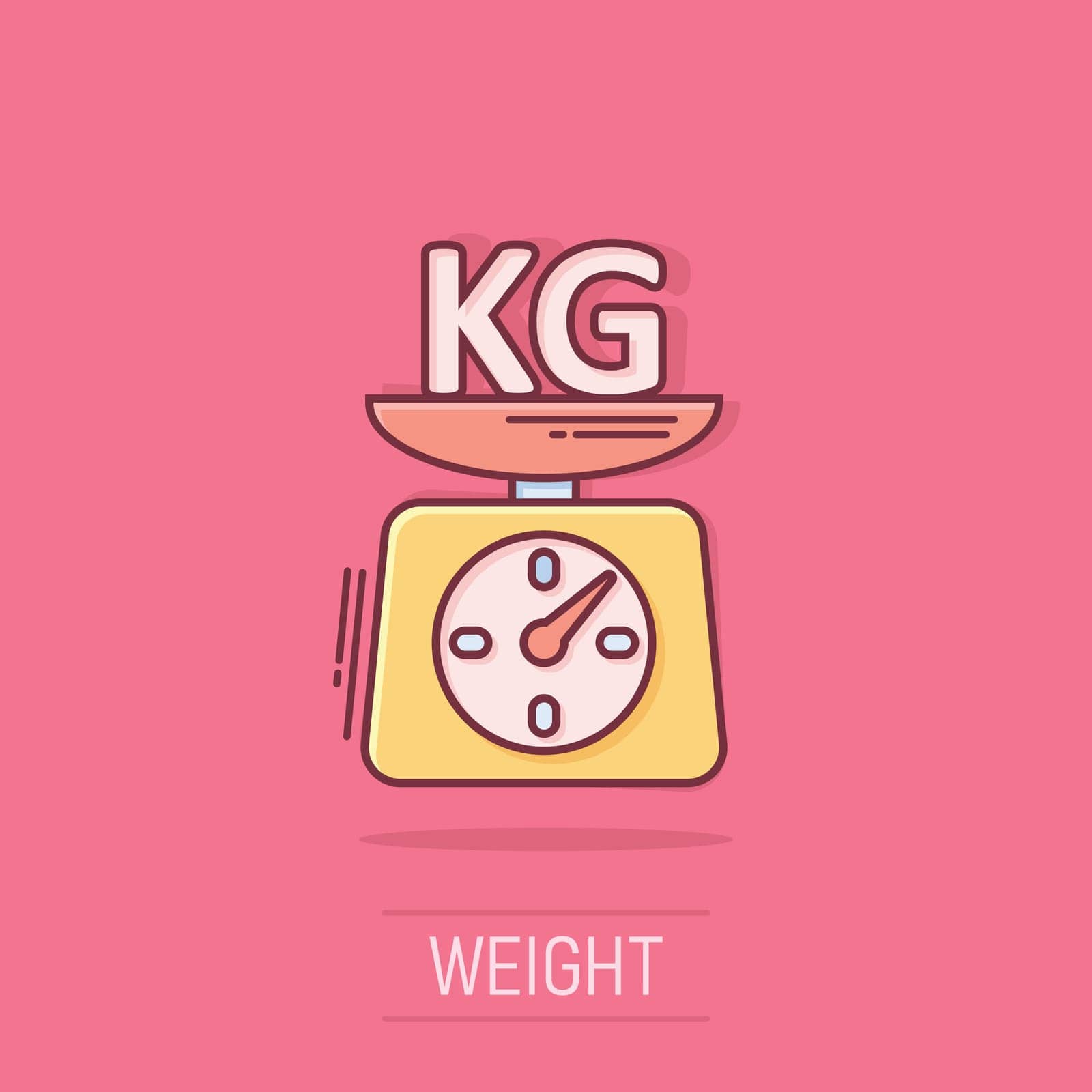 Scale icon in comic style. Kilogram dumbbell cartoon vector illustration on white isolated background. Gym splash effect business concept. by LysenkoA