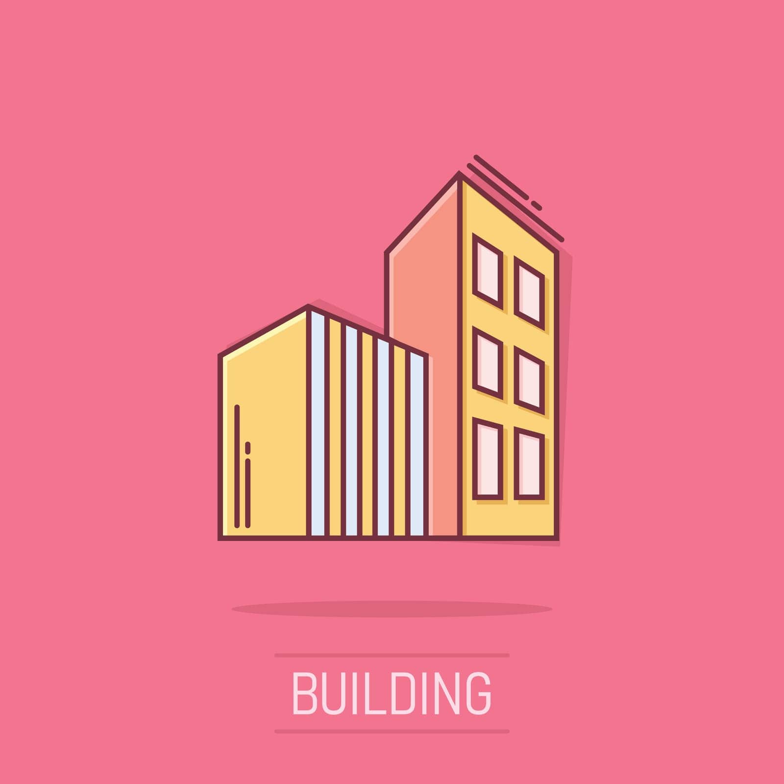 Building icon in comic style. Skyscraper cartoon vector illustration on white isolated background. Architecture splash effect business concept.