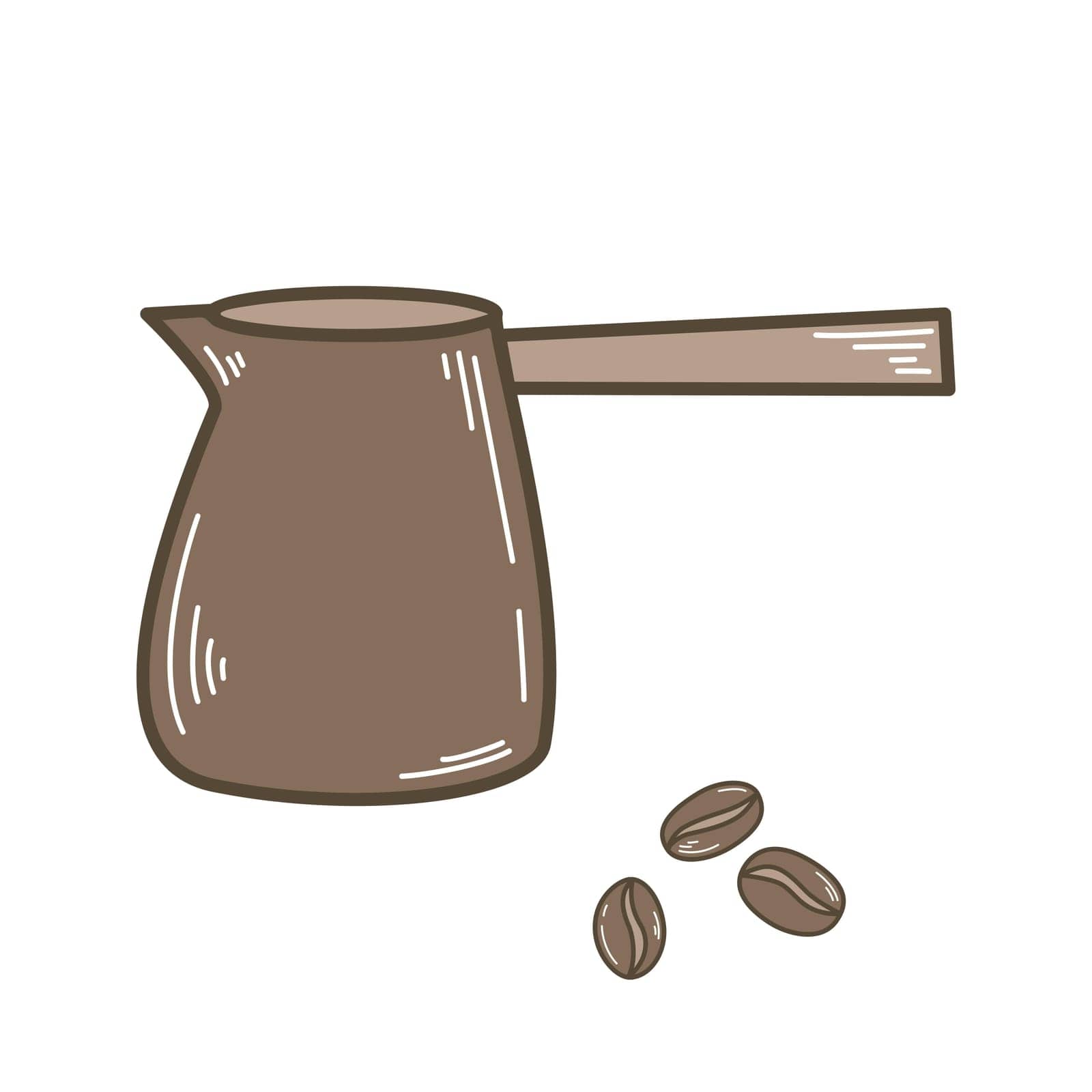 Coffee pot and coffee beans clip art. Saucepan for making Americano coffee in home kitchen, colored doodle sketch style. Brewing coffee beans, isolated vector illustration