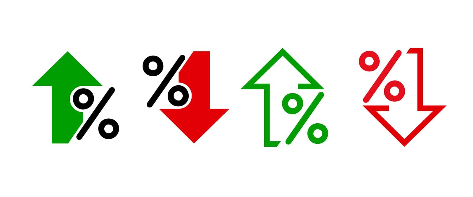 Percentage growth and decline icons. Percent arrow up and down flat style symbols - vector by Burtin