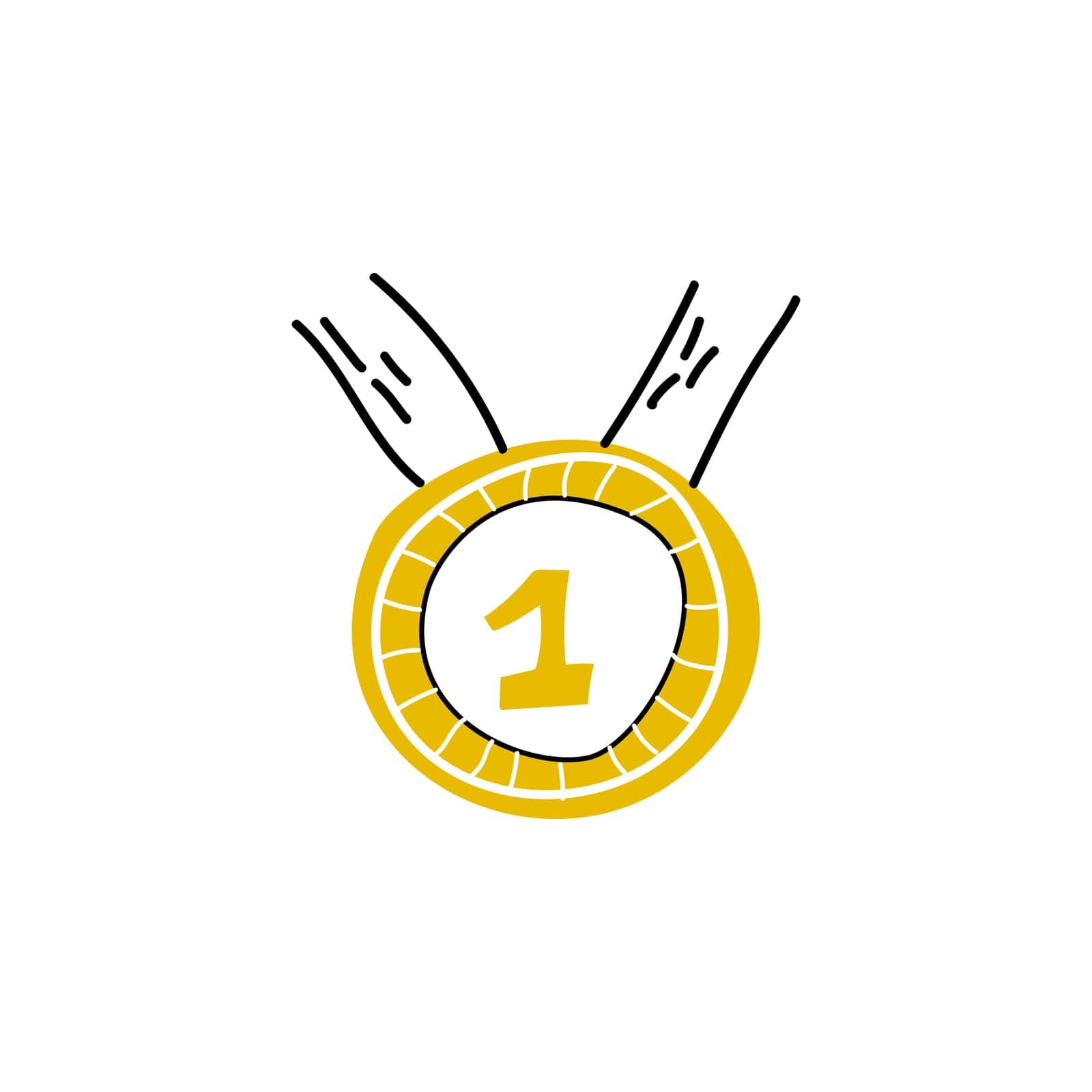 first place doodle icon of medal with ribbon. Vector illustration isolated. Hand drawn style.