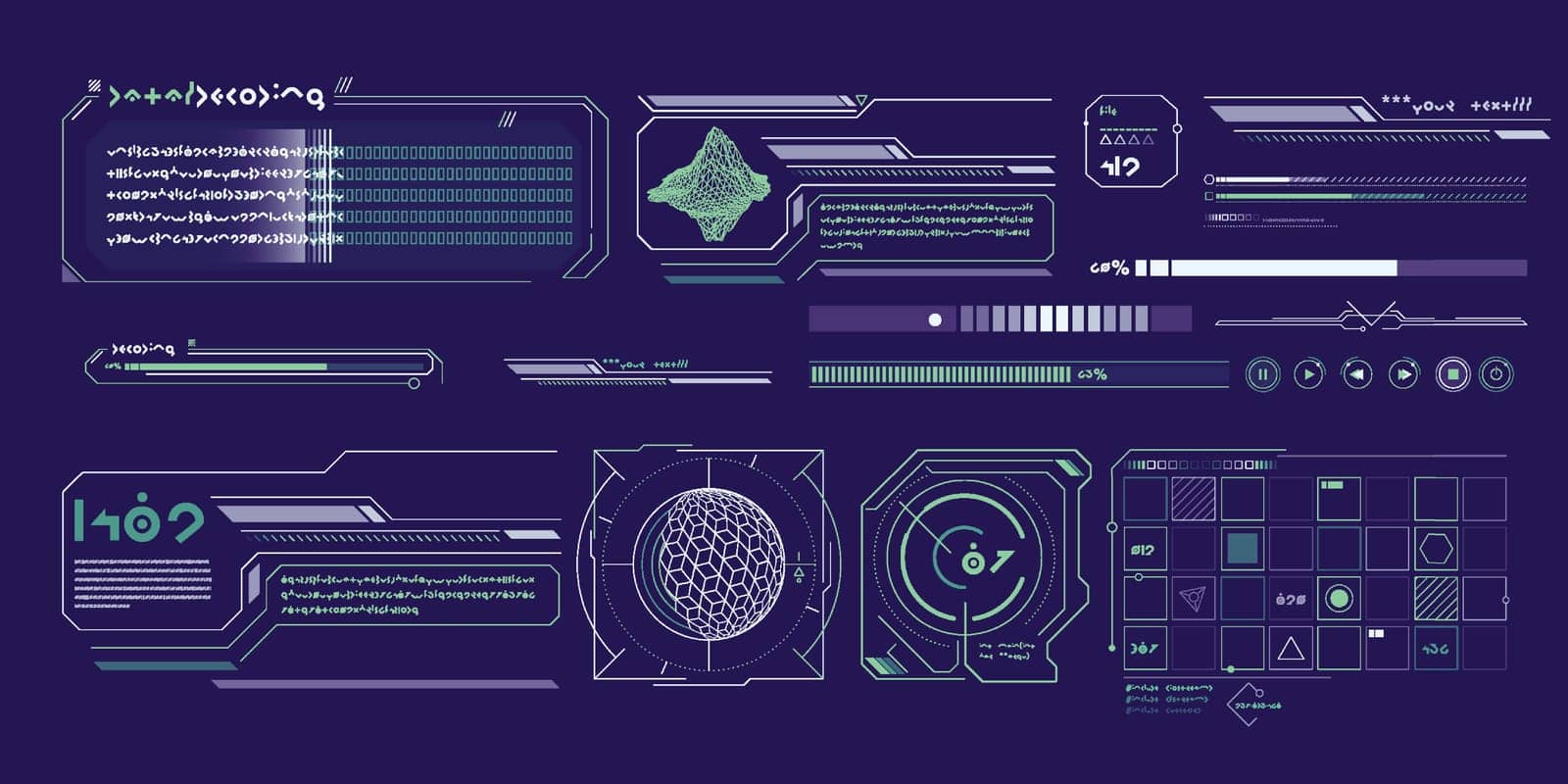 Vector sci-fi interface elements for scientific research and data processing.