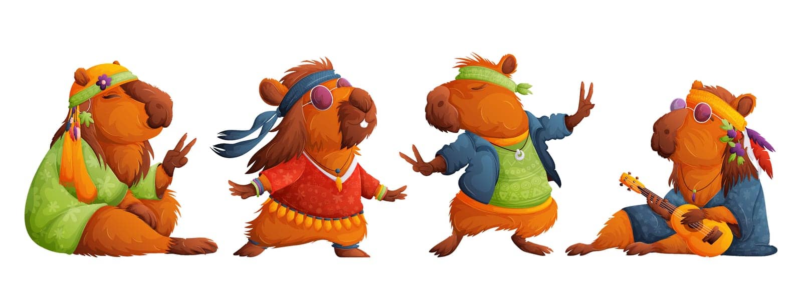 Set of peaceful hippie capybaras. Calm capybara in bright hippie clothes and pink glasses, relaxes, meditates and plays a small ukulele guitar. Cartoon style