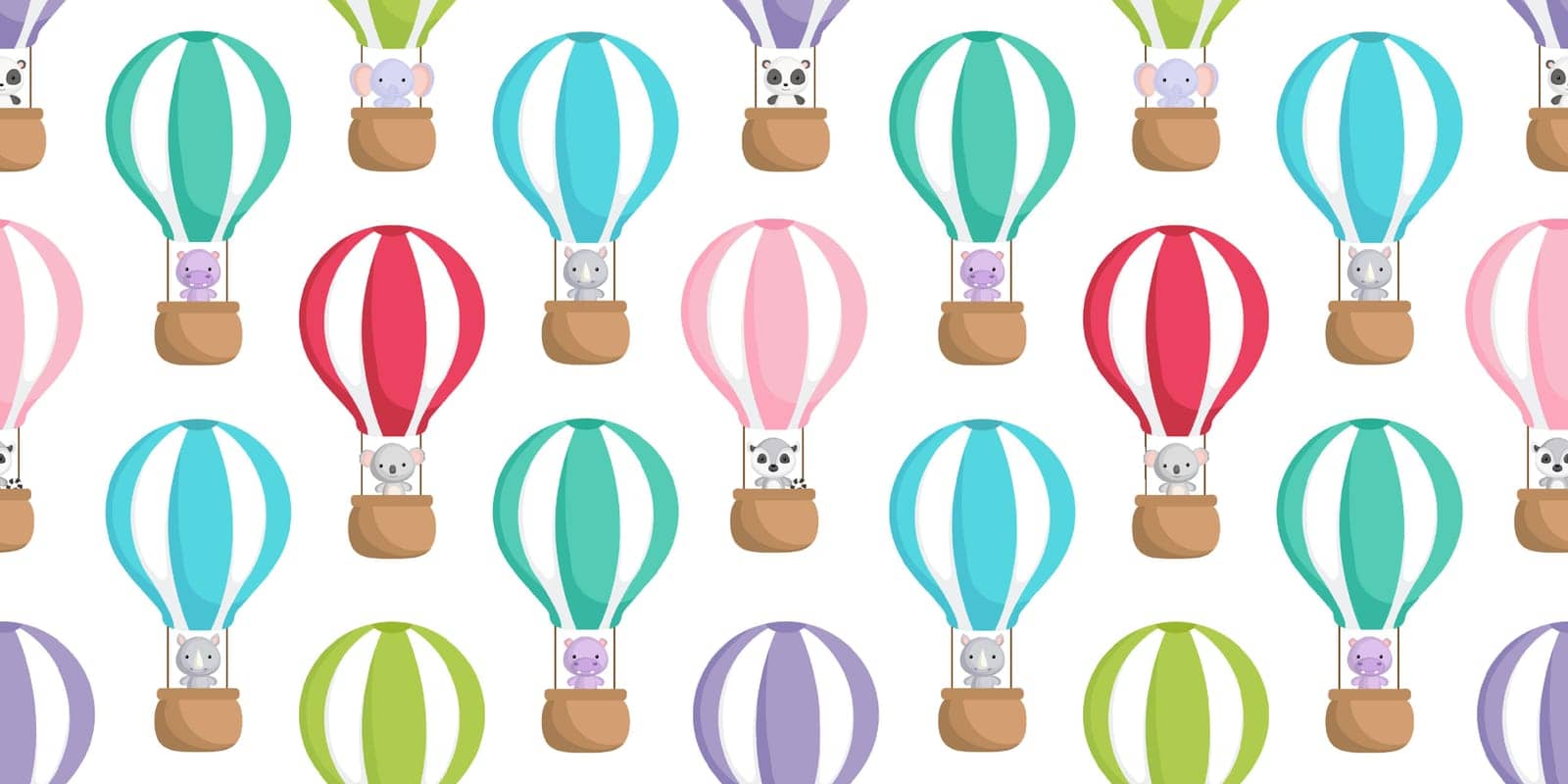 Cute little animals fly on hot air balloons seamless childish pattern. Funny cartoon animal character for fabric, wrapping, textile, wallpaper, apparel. Vector illustration.