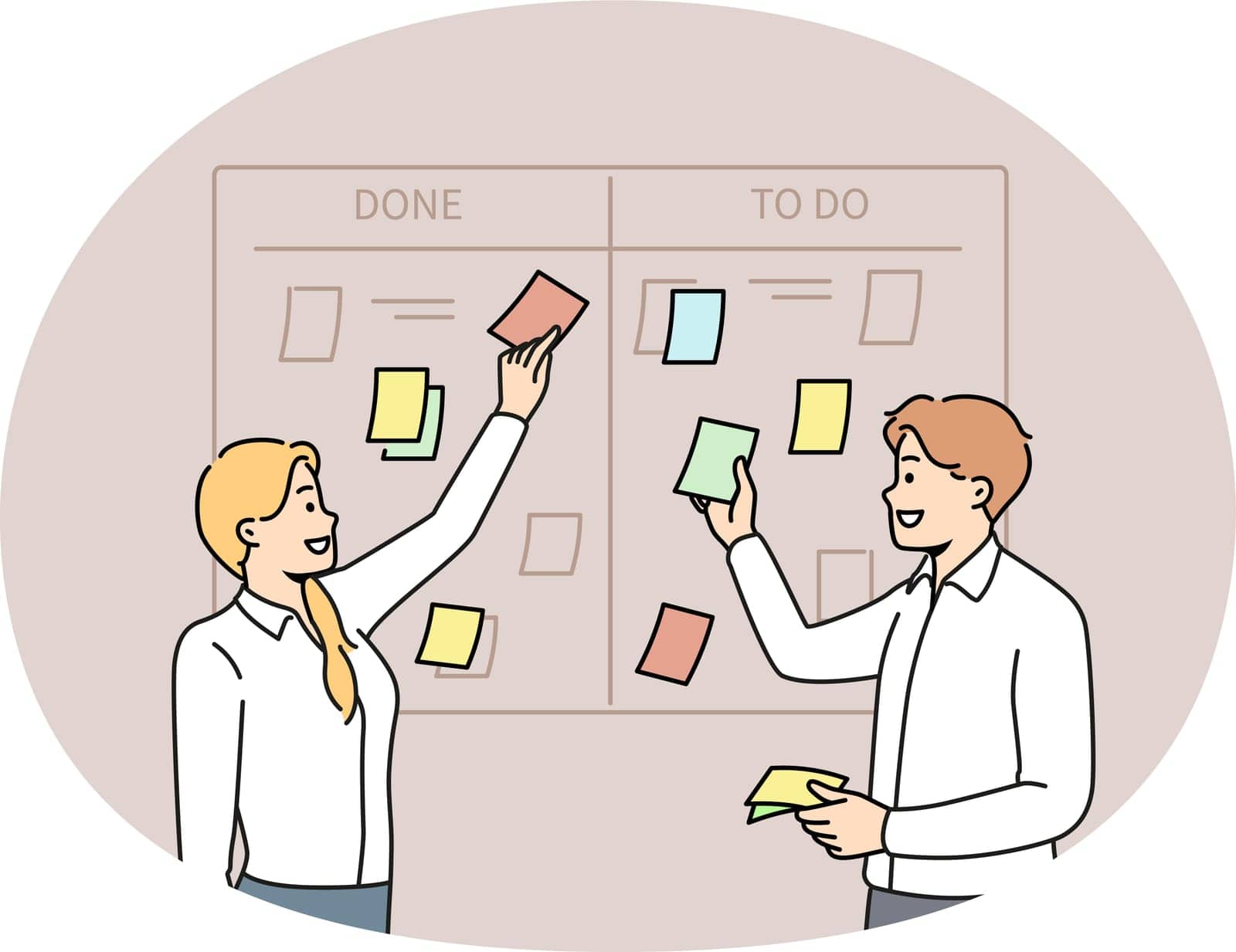 Smiling businesspeople brainstorm manage tasks on scum board in office. Happy employee discuss business projects at workplace. Teamwork and time management. Vector illustration.