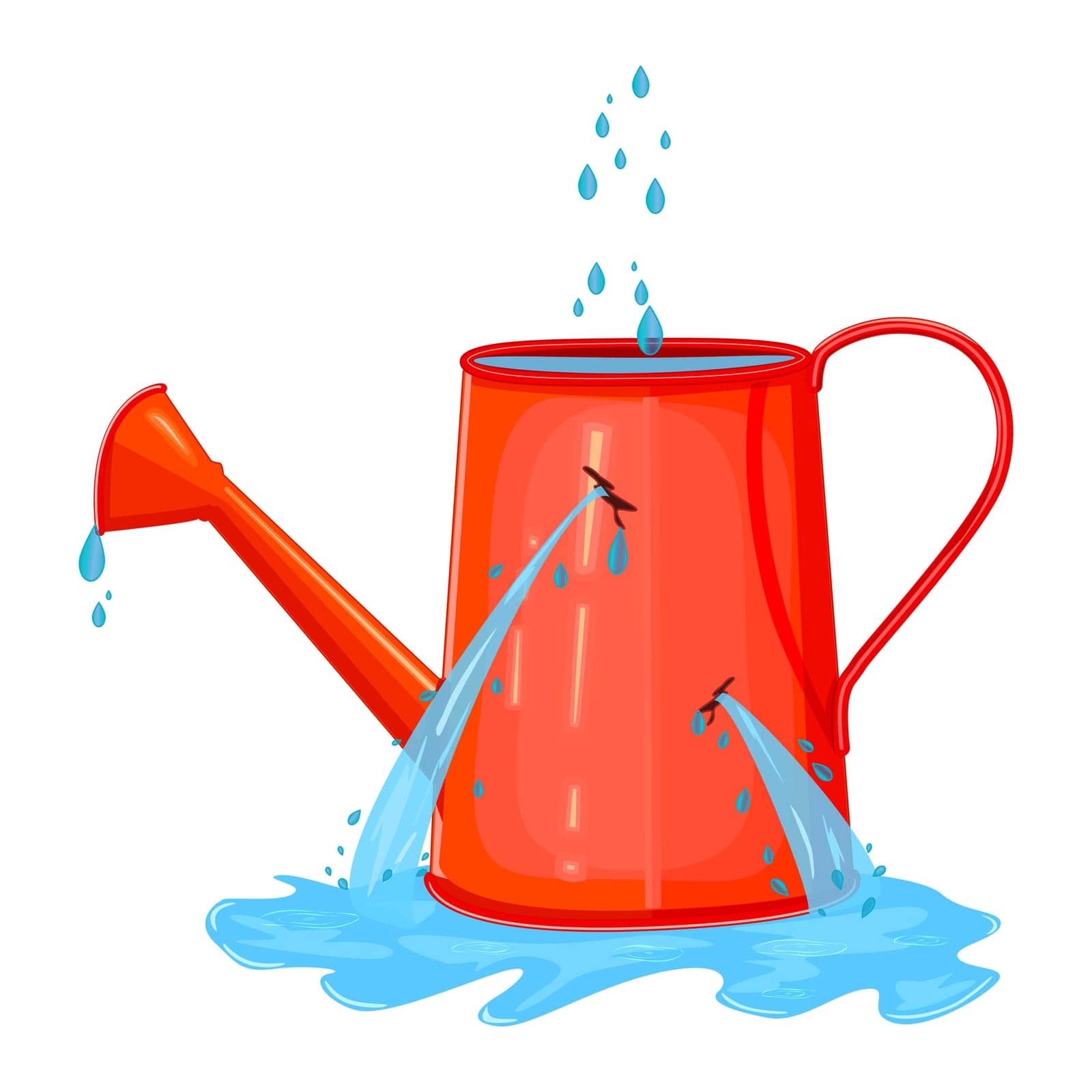 Water leaking from broken watering pot. Useless red watering can. Water is poured out of hole in old watering can. Cracked red  hose. Stock vector illustration