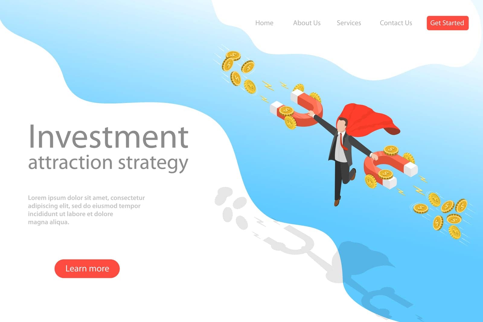Isometric flat vector landing page template of investment attraction strategy, profit, income, financial freedom.