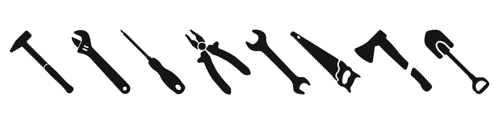 Black work tools vector icon set. Tools vector icon. A collection of tools for repair, restoration, installation, construction. Pliers, gas wrench, screwdriver, hammer, key, shovel, ax, saw. by Moreidea