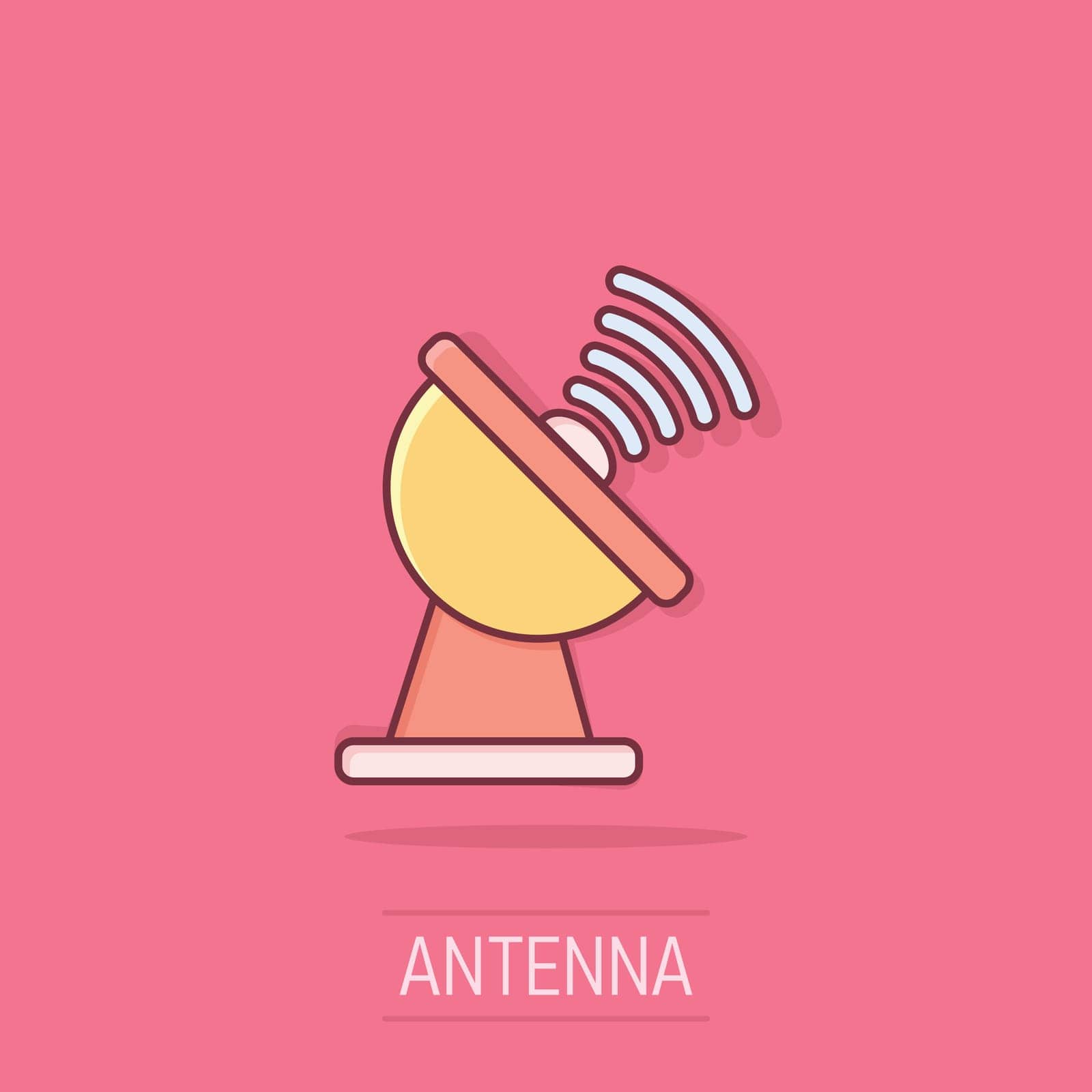 Satellite antenna tower icon in comic style. Broadcasting cartoon by LysenkoA