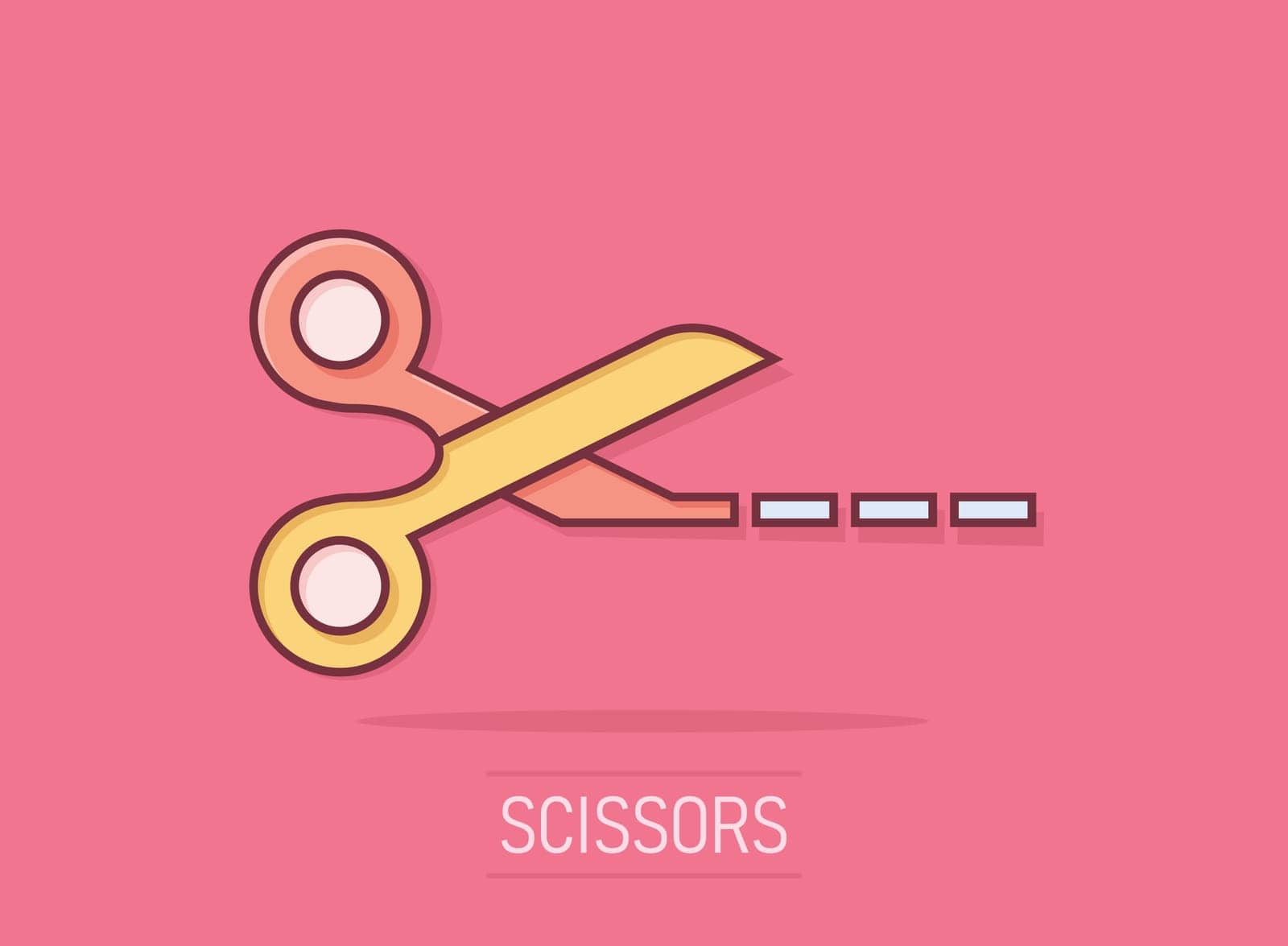 Scissor with cutting line icon in comic style. Cut equipment cartoon vector illustration on isolated background. Cutter splash effect business concept. by LysenkoA