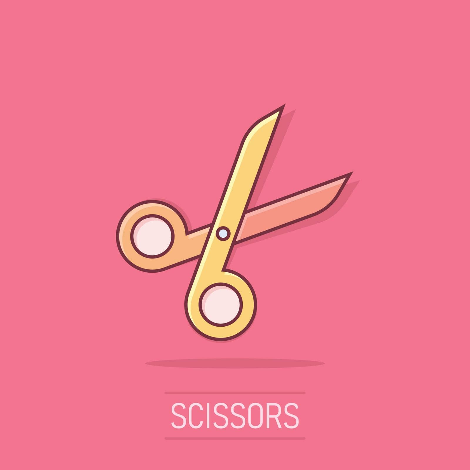 Scissor icon in comic style. Cut equipment cartoon vector illustration on isolated background. Cutter splash effect business concept. by LysenkoA