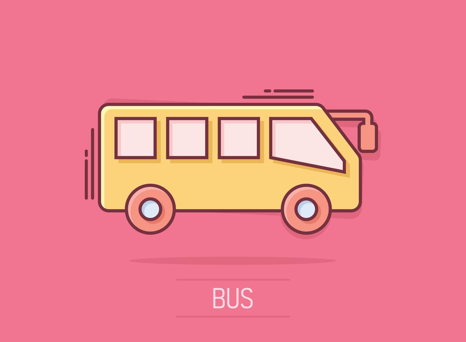Bus icon in comic style. Coach cartoon vector illustration on isolated background. Autobus vehicle splash effect business concept. by LysenkoA