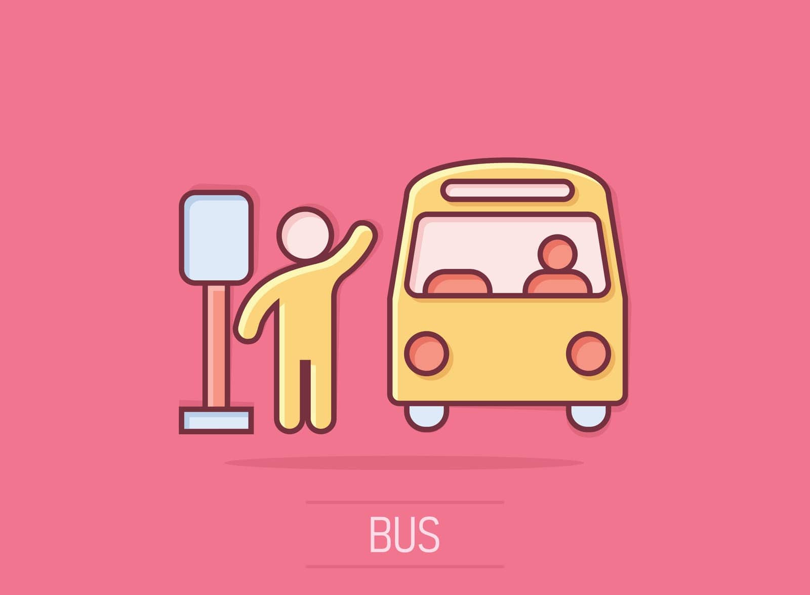 Bus station icon in comic style. Auto stop cartoon vector illustration on isolated background. Autobus vehicle splash effect business concept. by LysenkoA