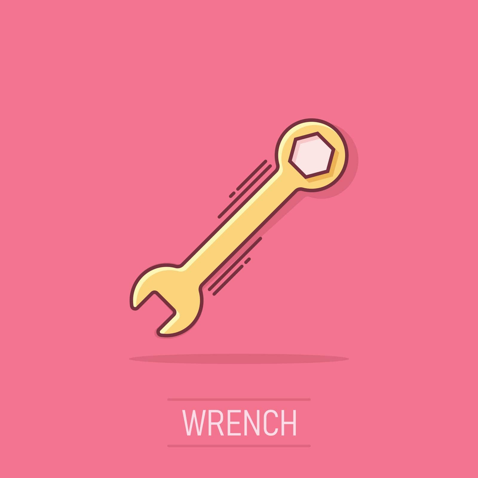 Wrench icon in comic style. Spanner key cartoon vector illustration on isolated background. Repair equipment splash effect business concept. by LysenkoA