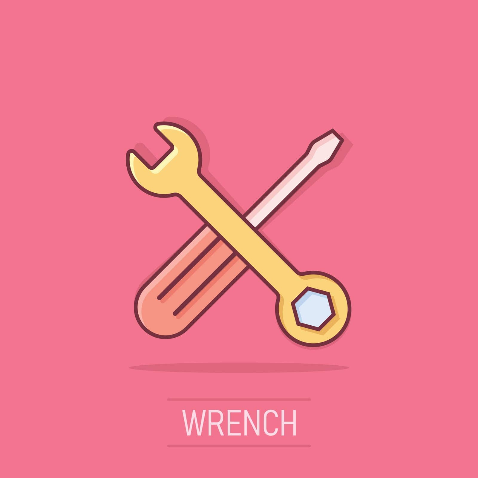 Wrench and screwdriver icon in comic style. Spanner key cartoon vector illustration on isolated background. Repair equipment splash effect business concept. by LysenkoA
