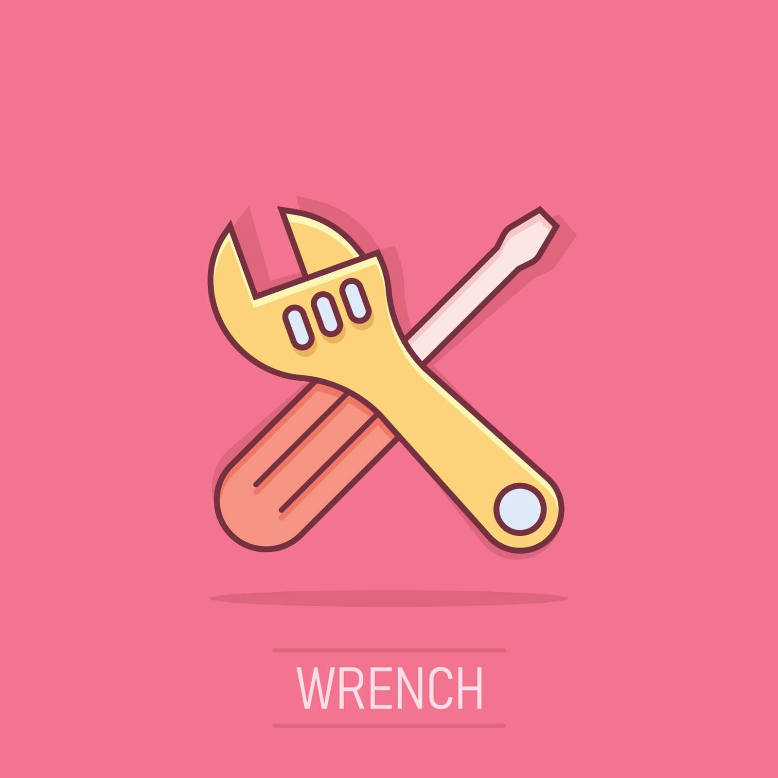 Wrench and screwdriver icon in comic style. Spanner key cartoon vector illustration on isolated background. Repair equipment splash effect business concept. by LysenkoA