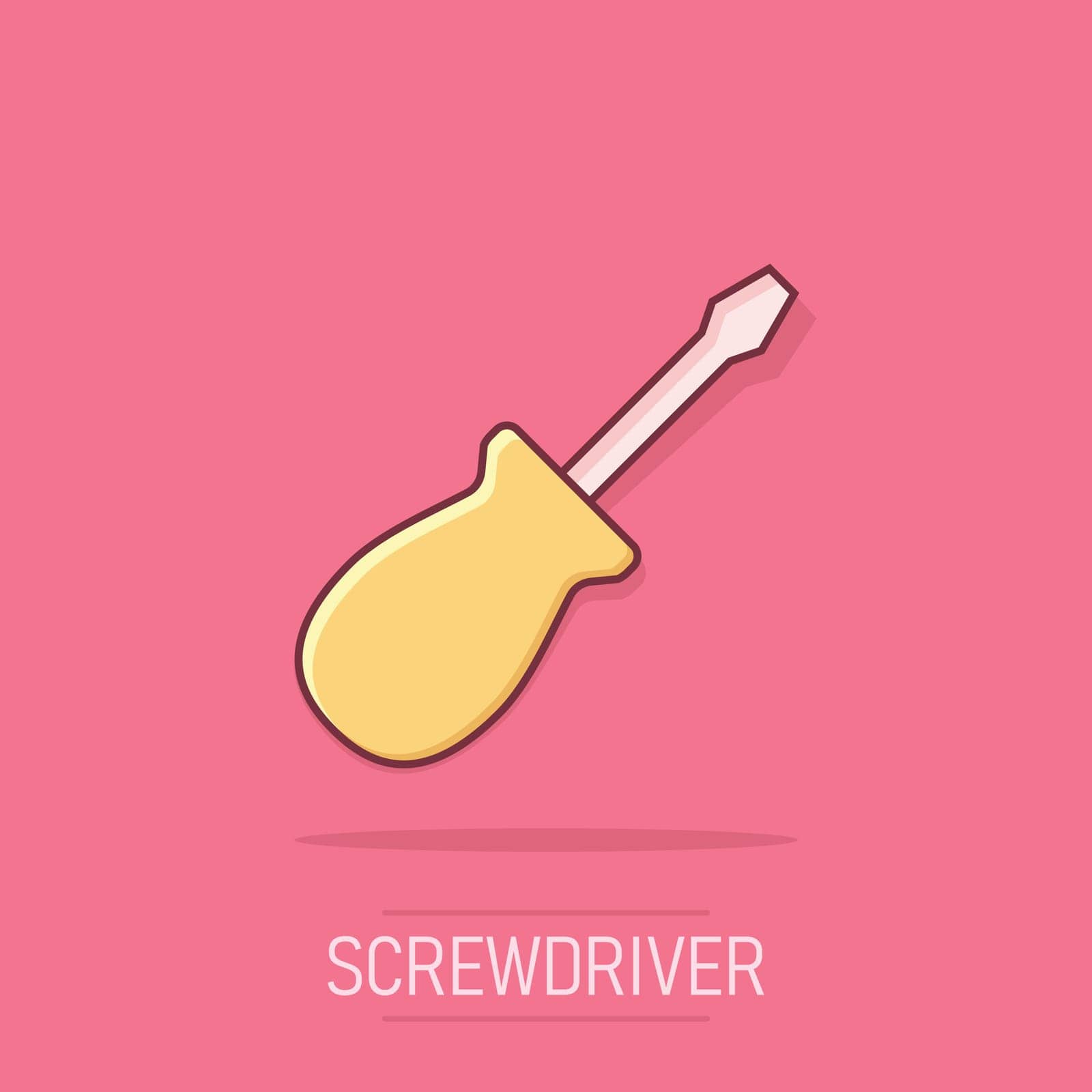 Screwdriver icon in comic style. Spanner key cartoon vector illustration on isolated background. Repair equipment splash effect business concept. by LysenkoA