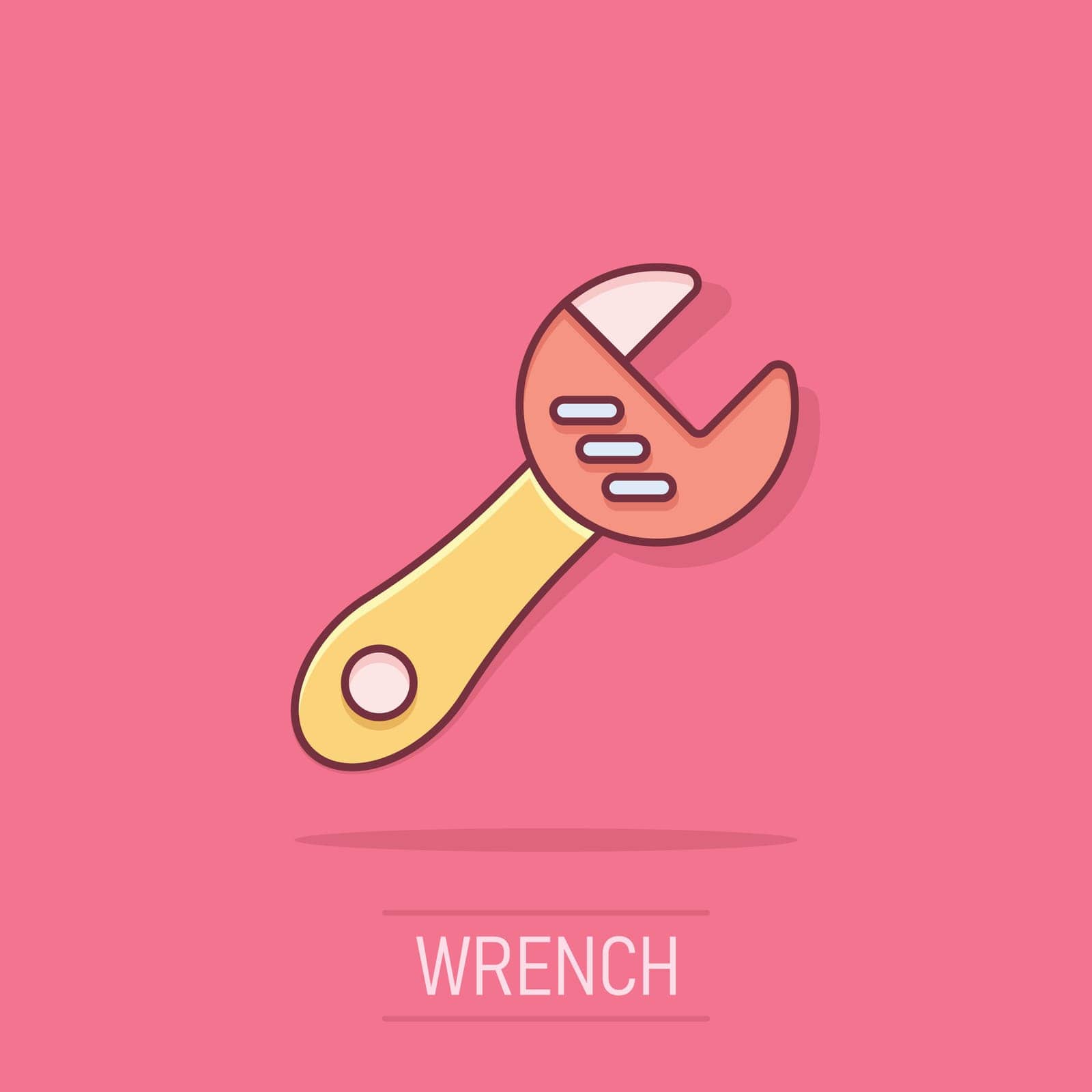 Wrench icon in comic style. Spanner key cartoon vector illustration on isolated background. Repair equipment splash effect business concept. by LysenkoA