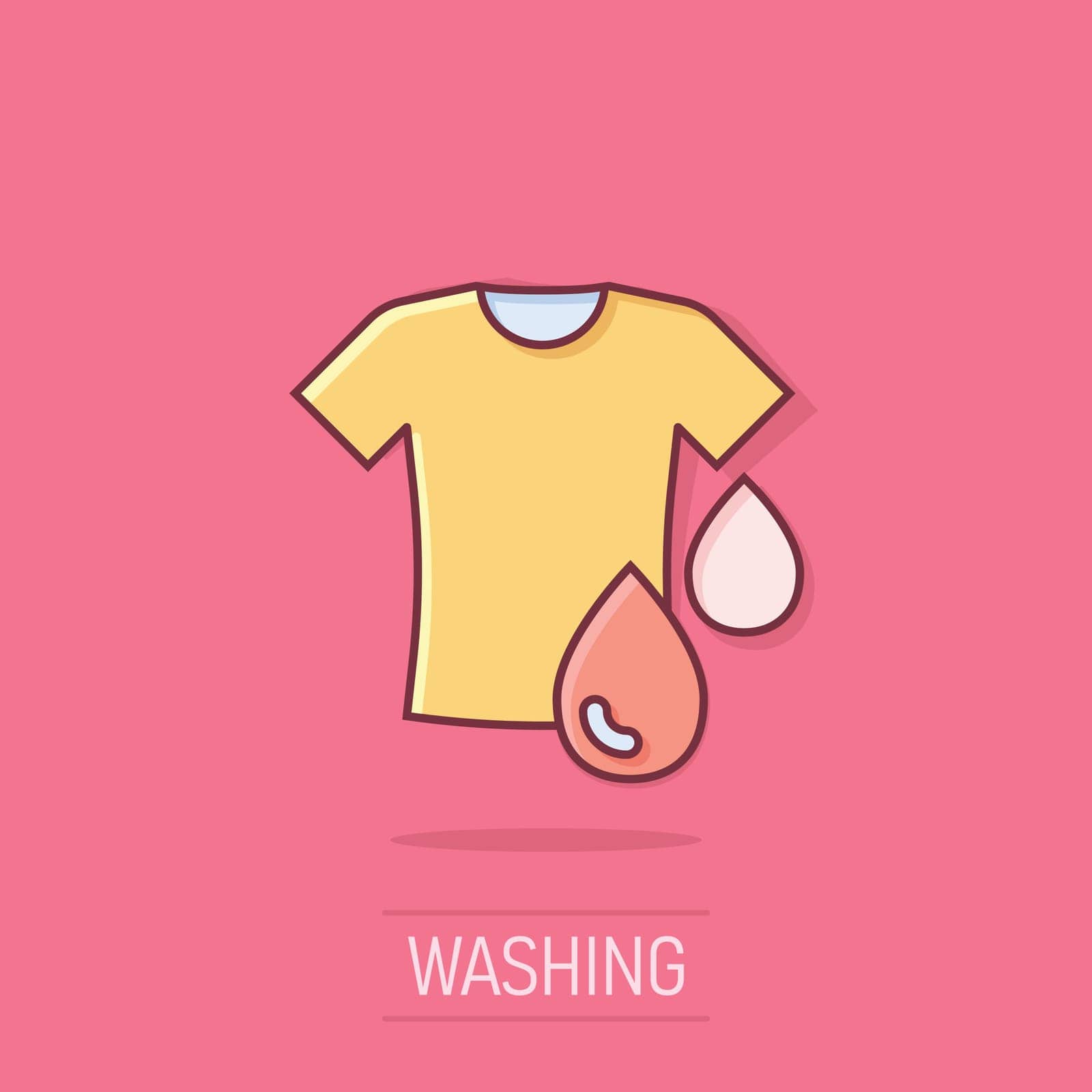 T-shirt washing icon in comic style. Clothes dry cartoon vector illustration on isolated background. Shirt laundry splash effect business concept. by LysenkoA