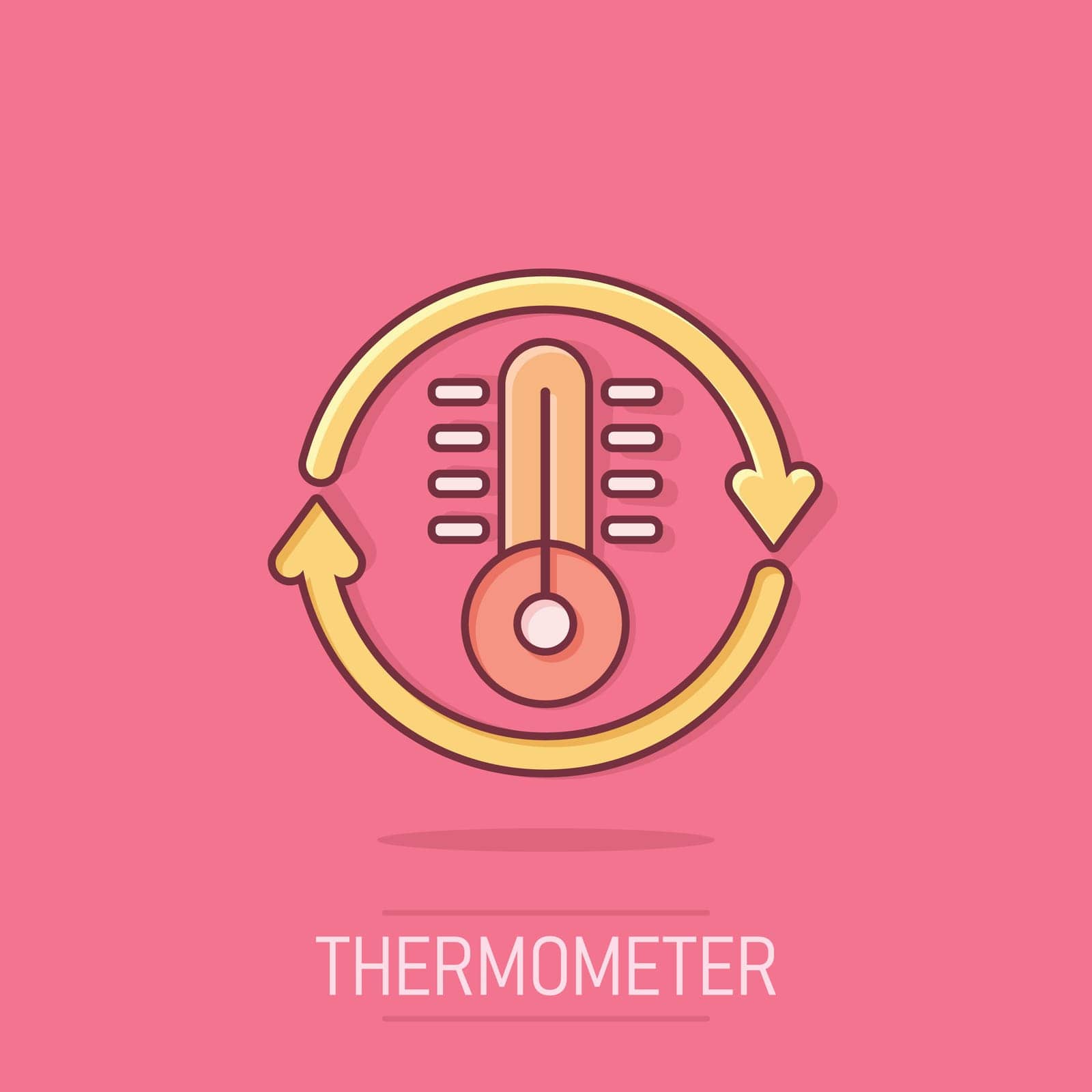 Thermometer climate control icon in comic style. Meteorology balance cartoon vector illustration on isolated background. Hot, cold temperature splash effect business concept. by LysenkoA