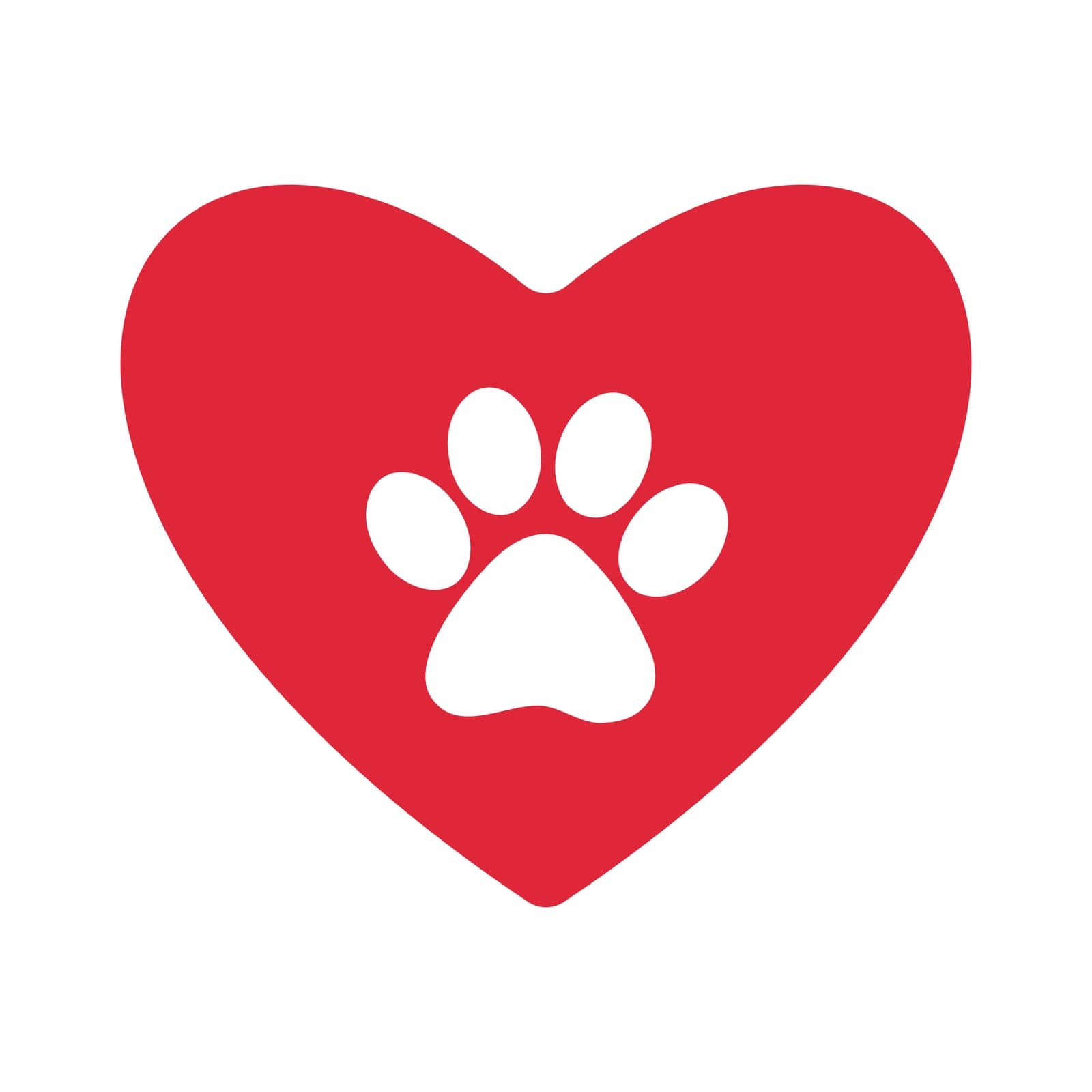 Pet friendly greeting or informational sign, label, sticker. White animal paw print in red heart