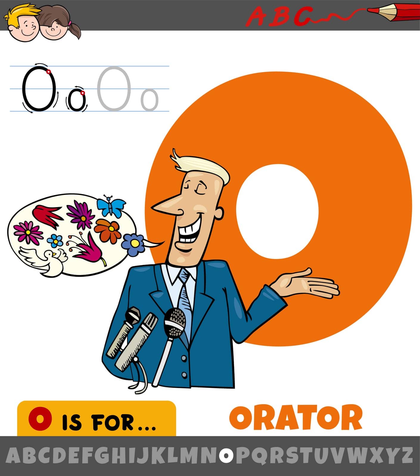 Educational cartoon illustration of letter O from alphabet with orator character