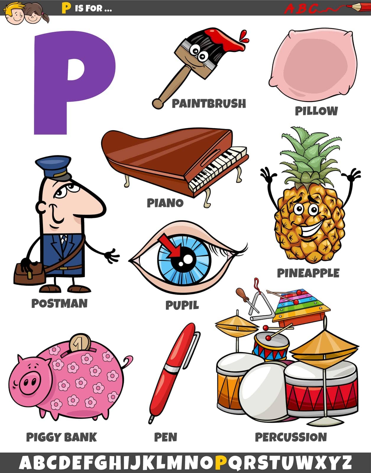 Cartoon illustration of objects and characters set for letter P