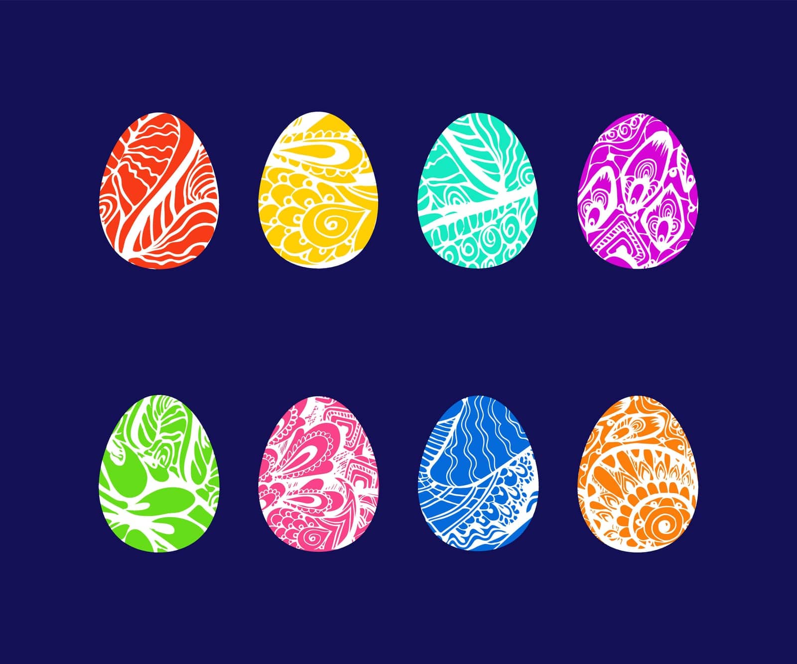 Easter eggs with colorful ornate tangle paisley patterns