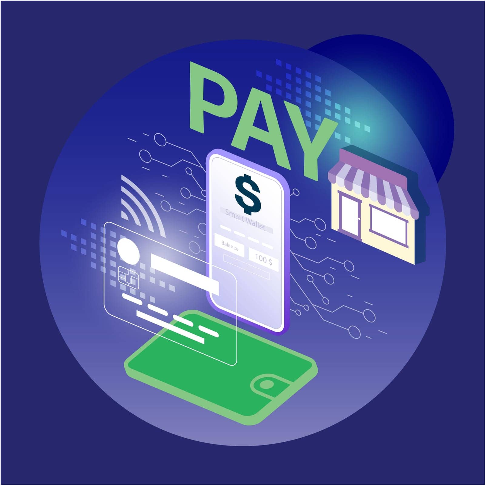 Smart wallet payment. Digital mobile banking service. Financial technology. Vector illustration isometric design style.