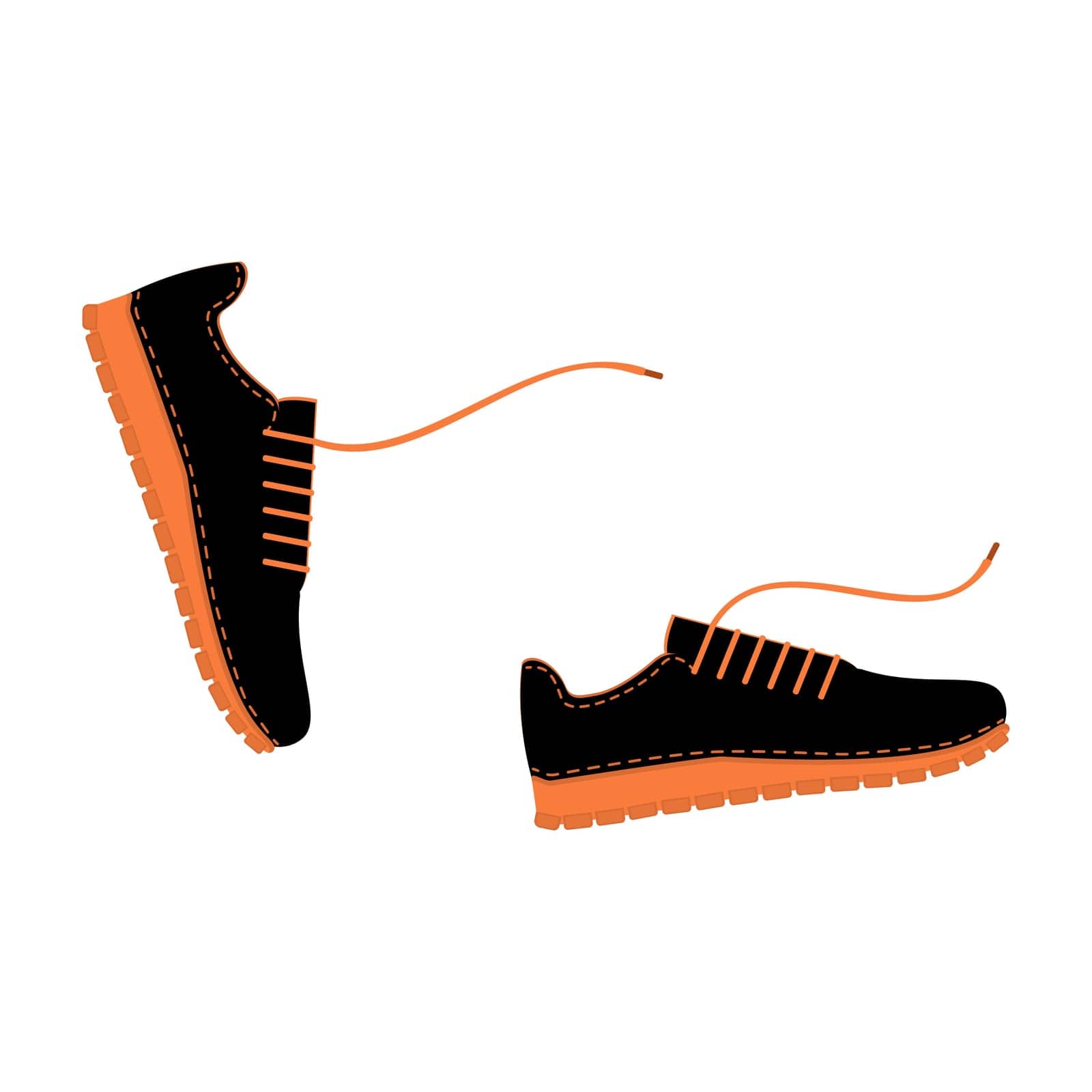 Running, moving in sport shoes. Classic sneakers in flat style with laces. Sport footwear for men and women. Vector fashion illustration. Step, walk in a pair of sneakers with shoelaces. Youth style.