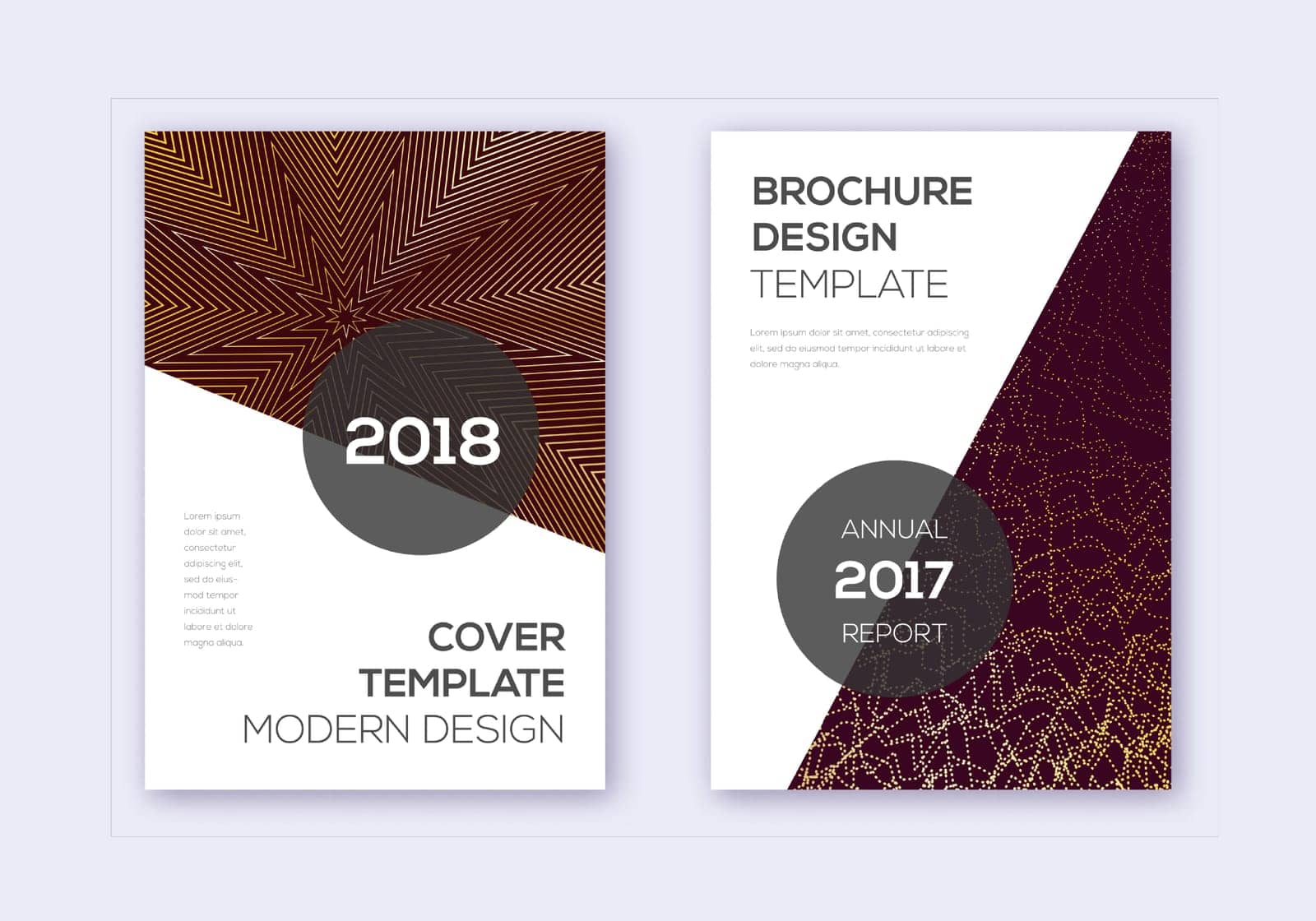 Modern cover design template set. Gold abstract lines on bordo background. Extra cover design. Impressive catalog, poster, book template etc.