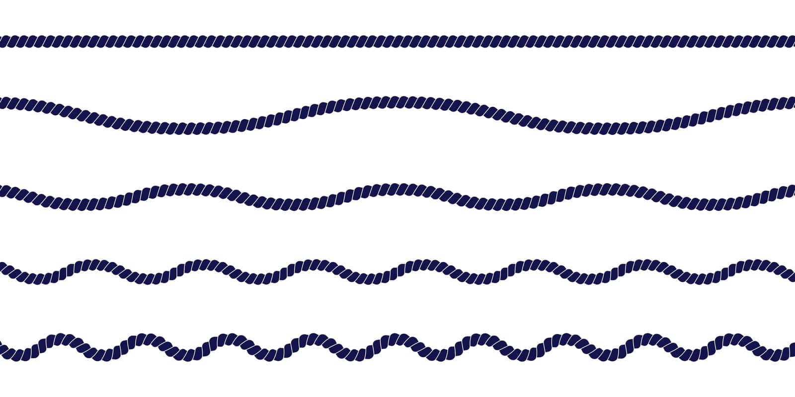 Different straight and wavy rope borders. Cord, thread, cable, twine, jute isolated on white background. Design elements on marine, sailor, yacht, nautical theme. Vector flat illustration.