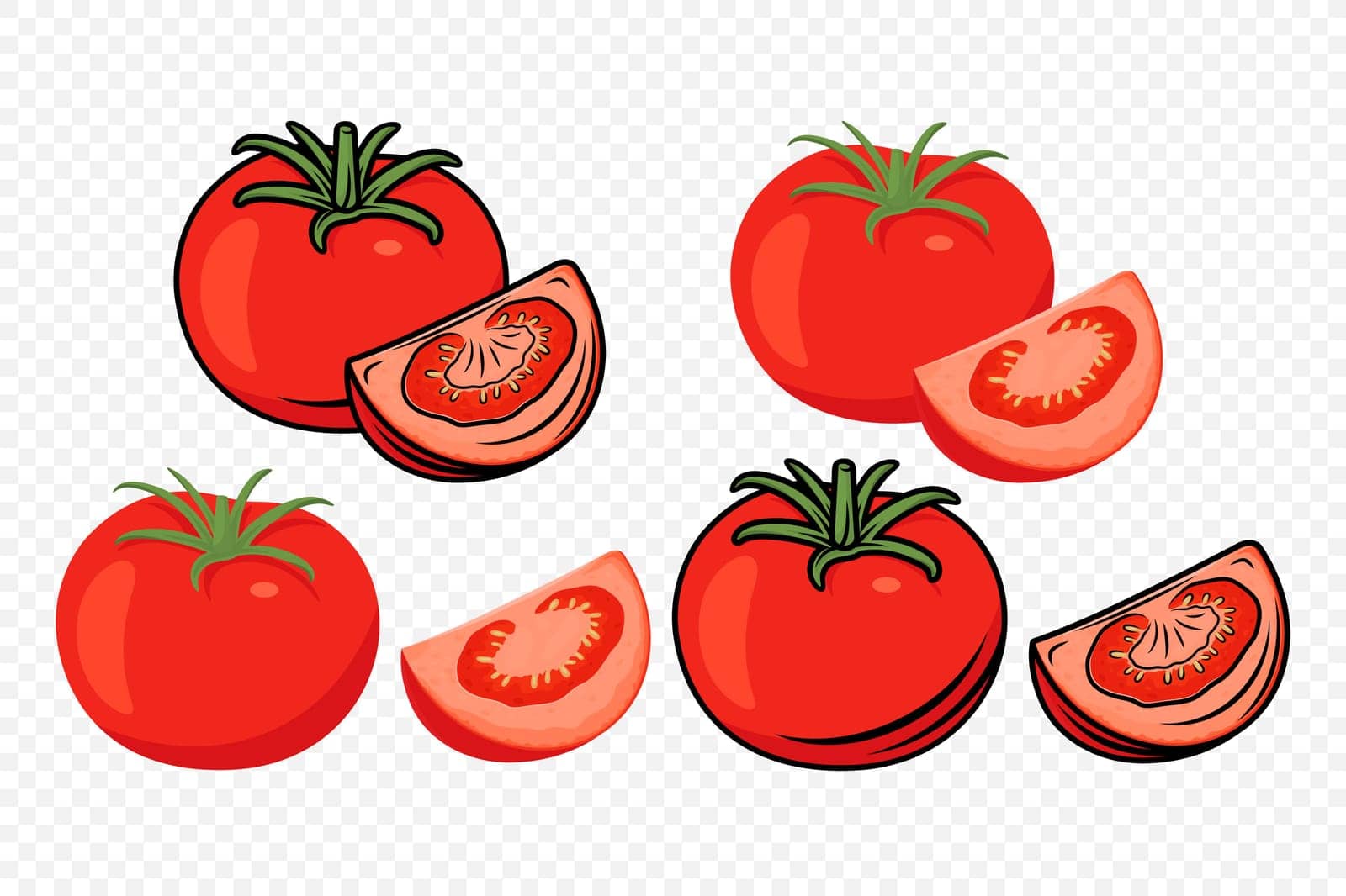 Flat Vector Fresh Tomato Icon Set Isolated. Whole and Quartered Tomatoes Design Templates for Recipes, Menus, Culinary. Organic Tomato Clipart, Logo, Front View by Gomolach