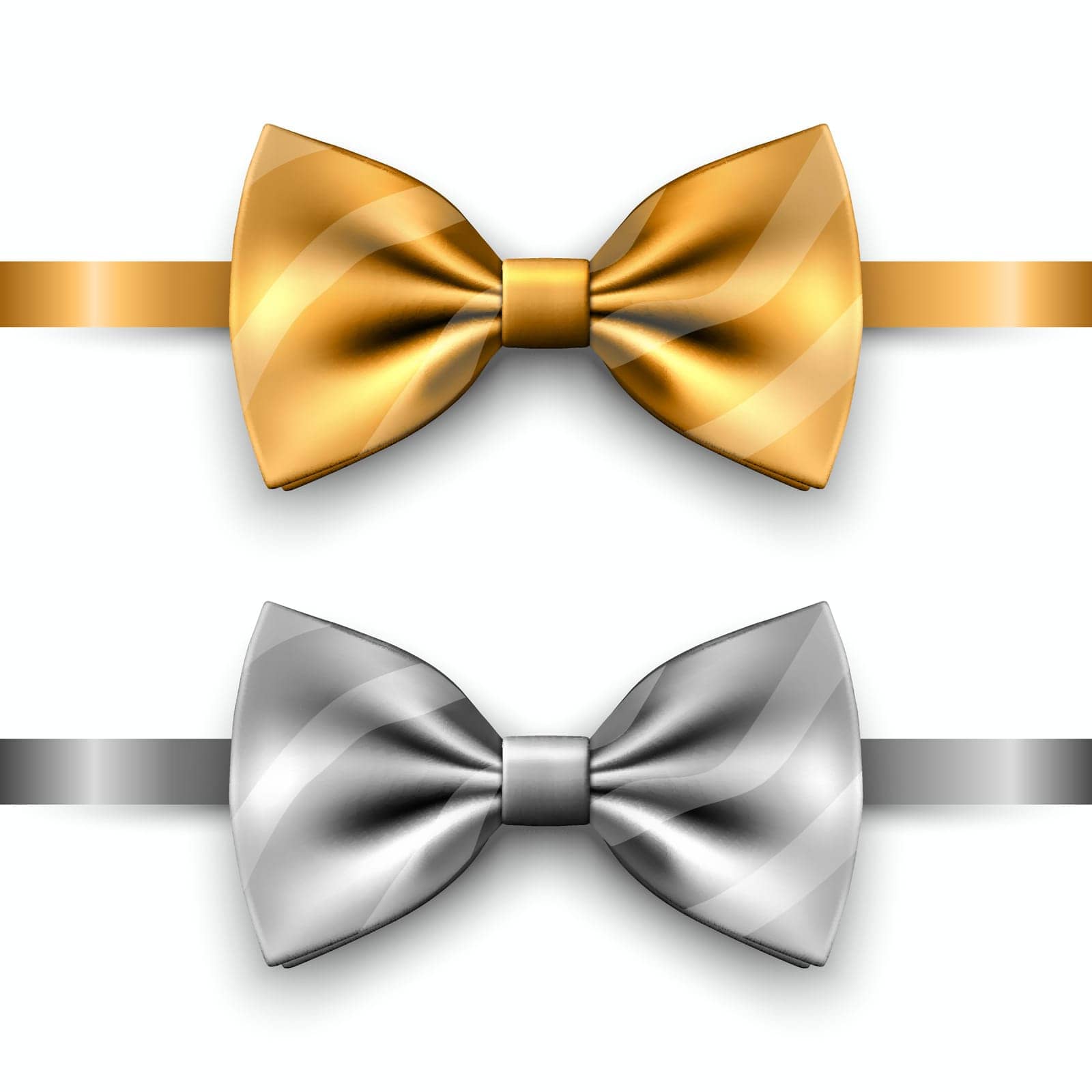 Vector 3D Realistic Golden, Silver Bow Tie Icon Set Closeup Isolated. Silk Glossy Bowtie, Tie Gentleman. Mockup, Design Template of Stylish Bow Tie for Men. Fashion, Father's Day Holiday Concept.