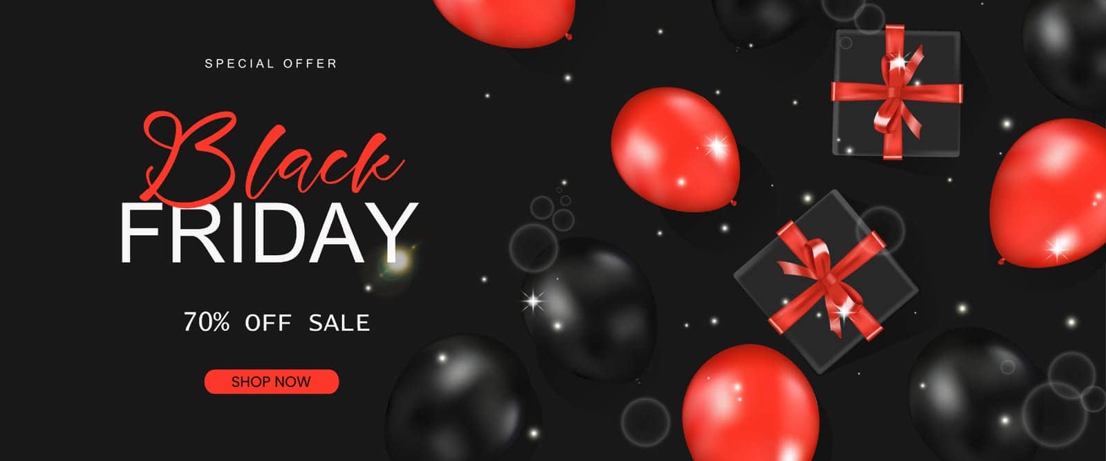 Black friday sale promotion poster with shiny balloons and gift box, Shopping sale and discount festive. Vector illustration.
