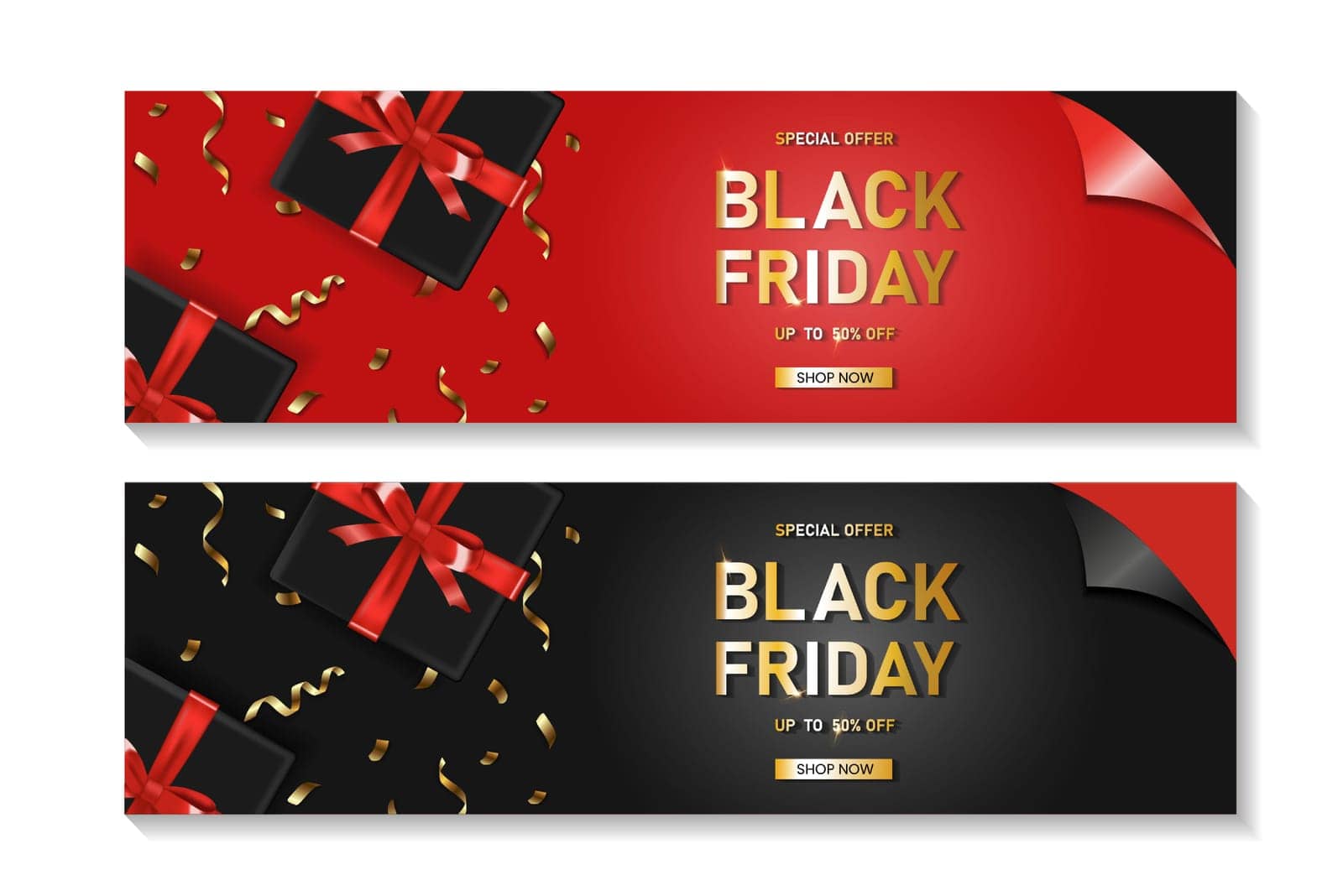 Black friday vertical sale banner set with realistic gift box and ribbon text on background. Vector illustration.