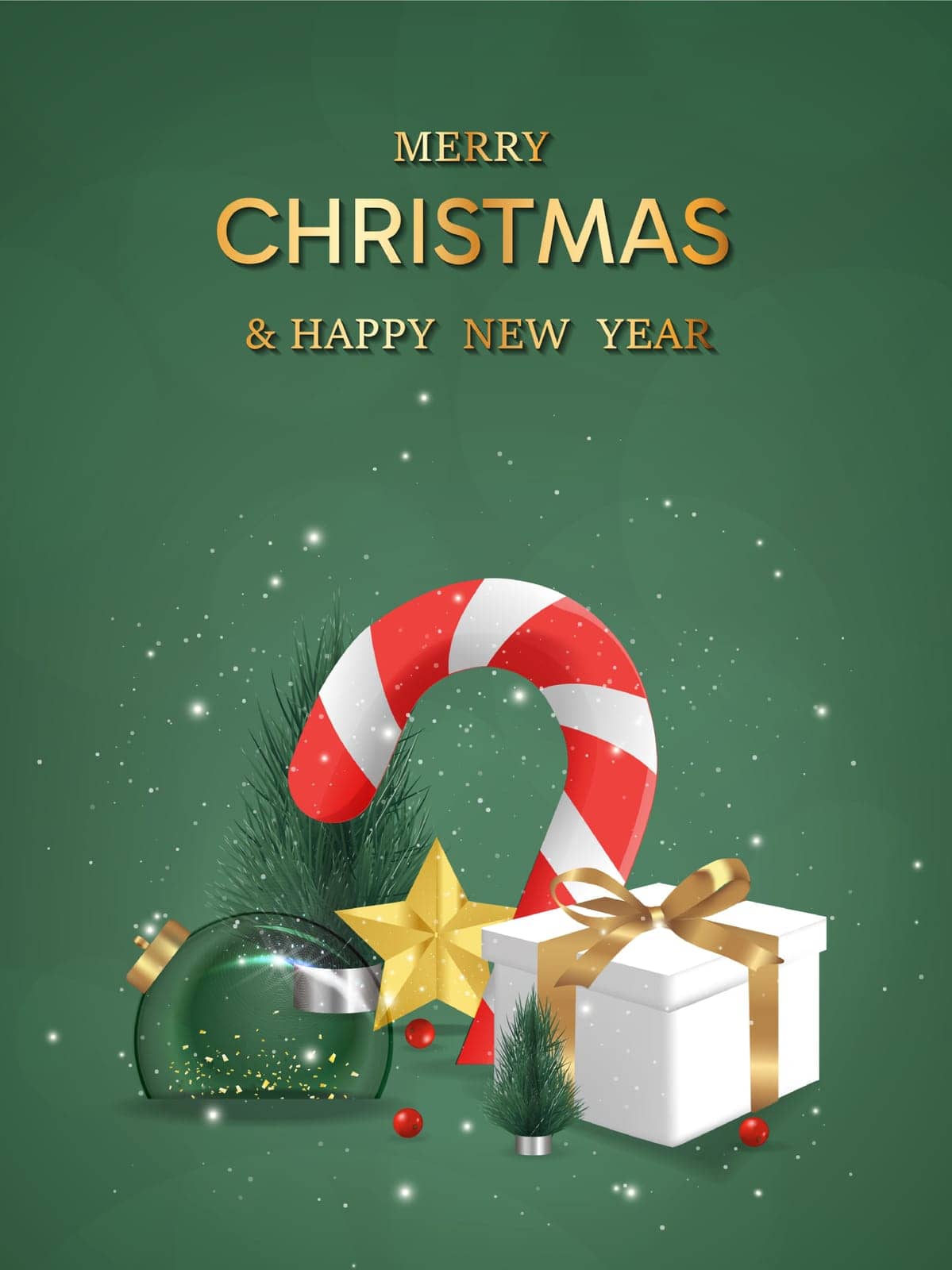 Happy New Year background. transparent candy christmas with balls and box of gifts strewn with snow on green background, realistic 3d decorative garland glow. Xmas Decorations. Vector illustration..