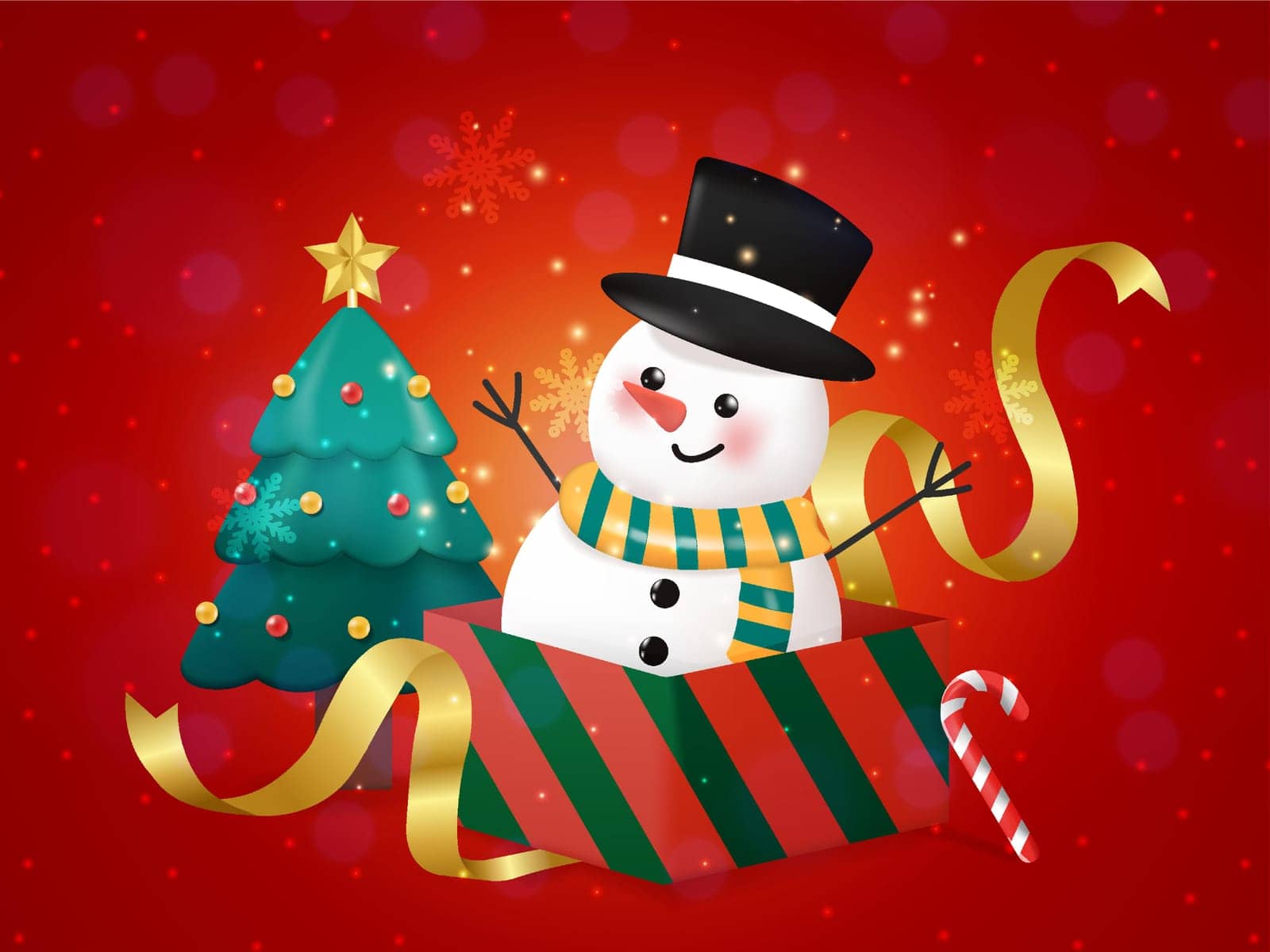 Merry Christmas and Happy Christmas companions. Snowman, candy and Christmas tree in Christmas snow scene on red background. vector illustration.