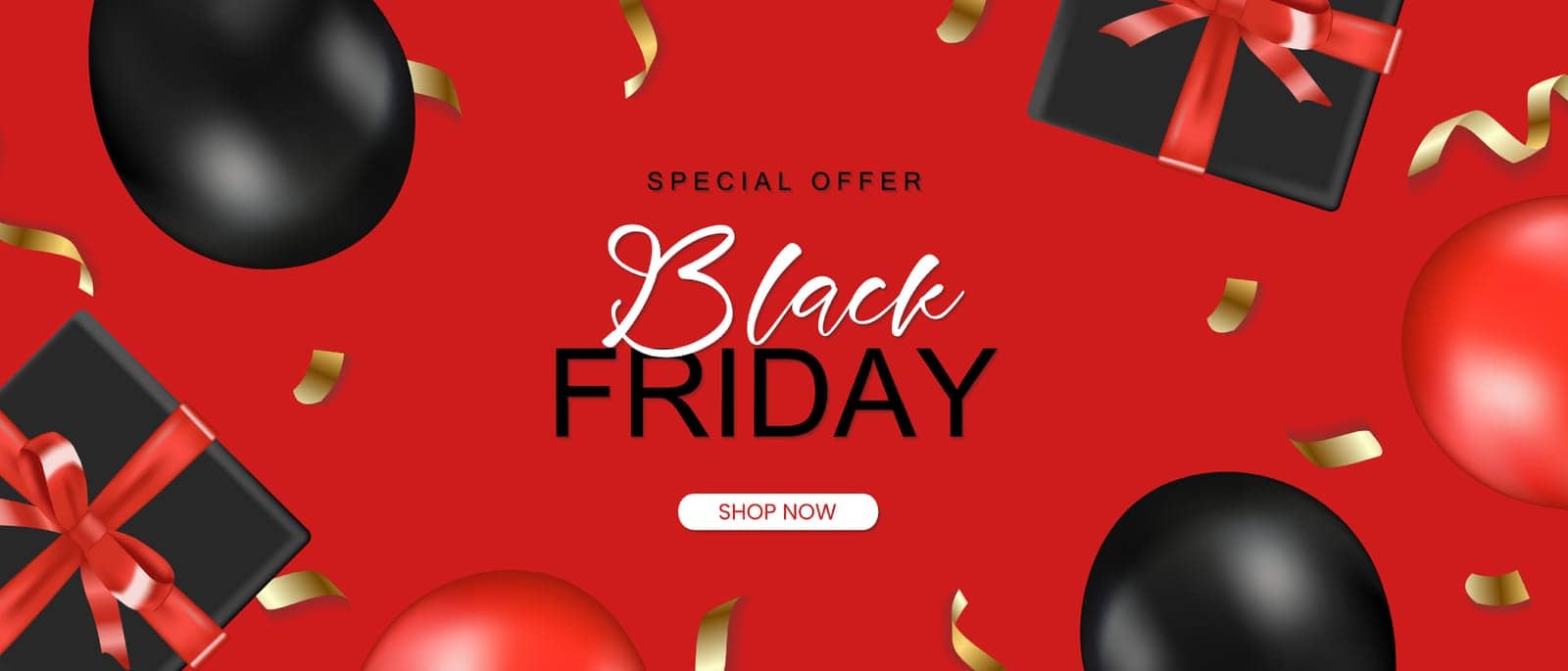 Black friday horizontal sale banner with realistic glossy balloons, gift box and ribbon text on red background. Vector illustration.