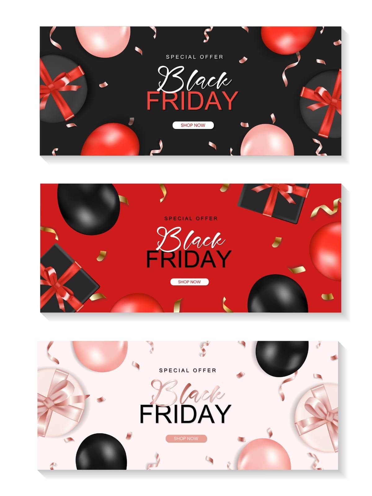 Black friday horizontal sale banner set with realistic glossy balloons, gift box and ribbon text on background. Vector illustration..