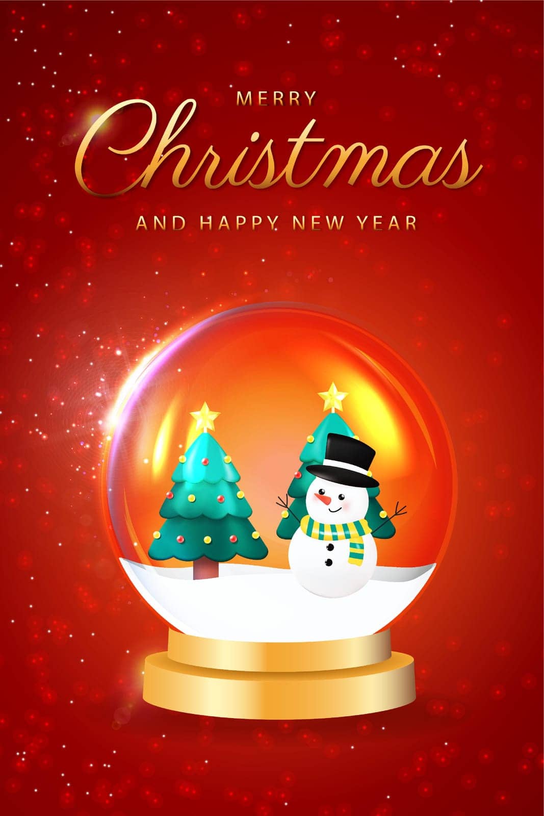 Merry Christmas and Happy New Year. Christmas winter snow glass ball, transparent dome. design Xmas green tree in snow, gift box, snowman. Vector illustration..