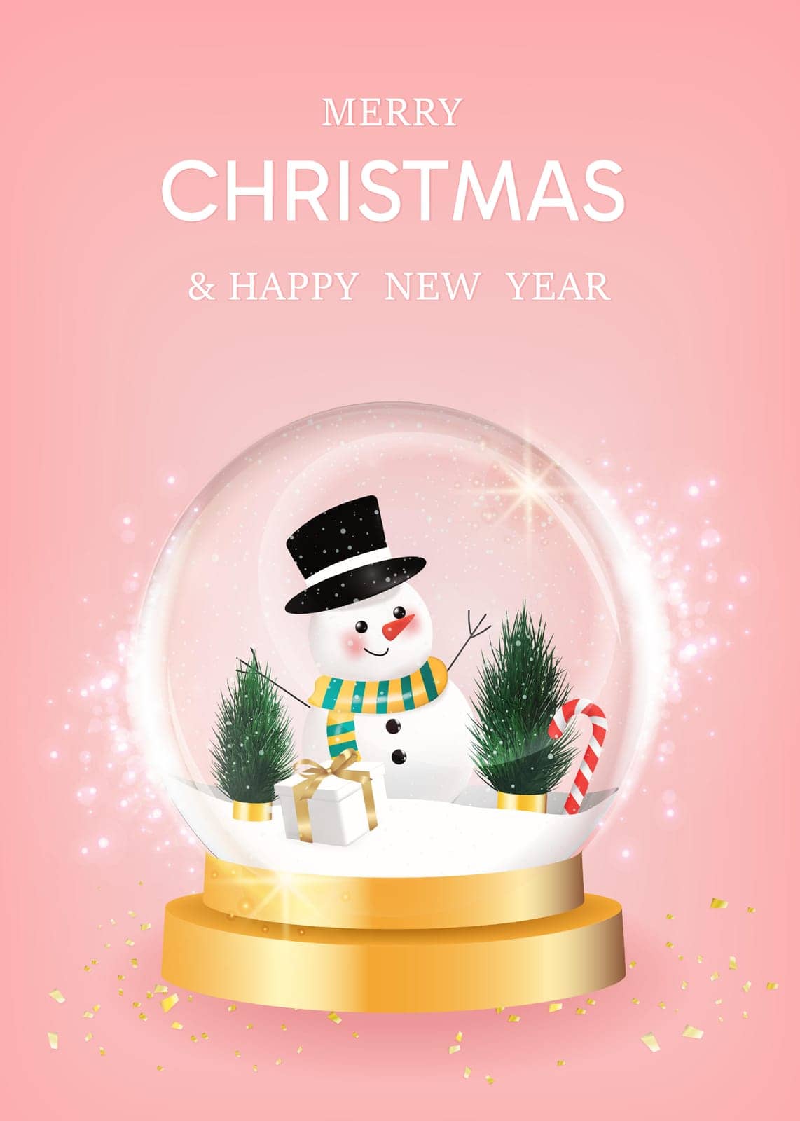 Merry Christmas and Happy New Year. Christmas winter snow glass ball, transparent dome. design Xmas green tree in snow, gift box, snowman. Vector illustration.