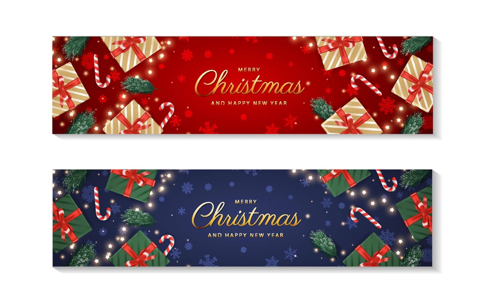 Christmas background set. Classic christmas banner design with realistic top view gift boxes with golden bows and glitter confetti and Merry Christmas and Happy New Year lettering. Vector.