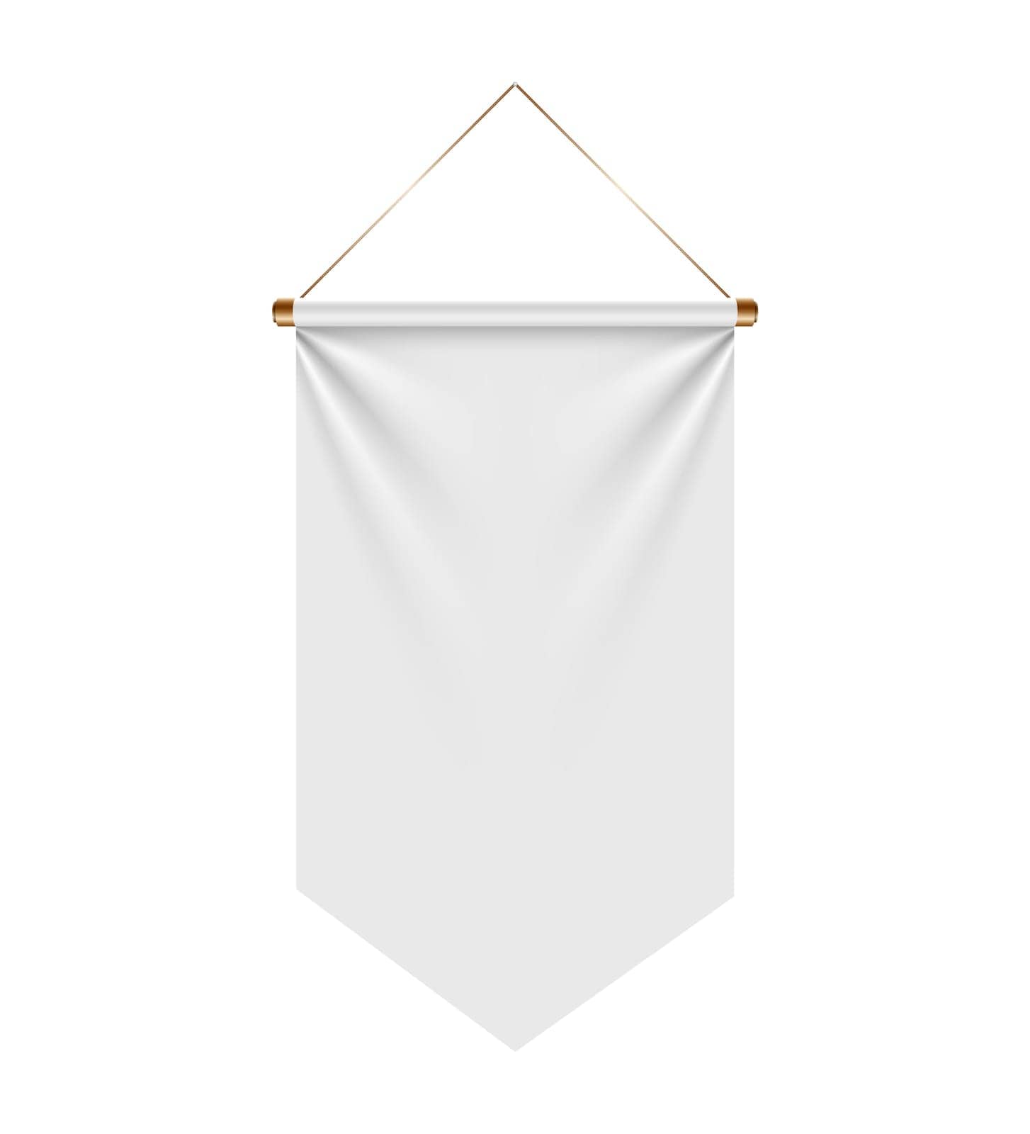 white banner made of metal hangs symmetrically from a rope on a white background. vector flah mock up