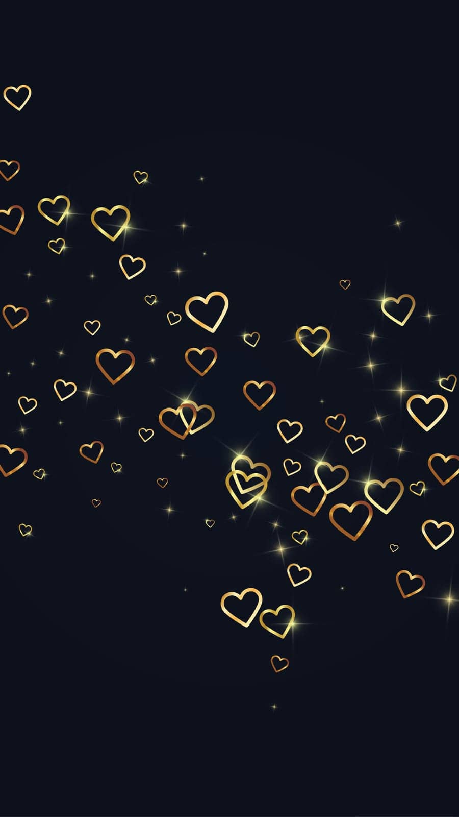 Flying hearts for valentine's day. Gold hearts scattered on black background. Beautiful flying hearts vector illustration.