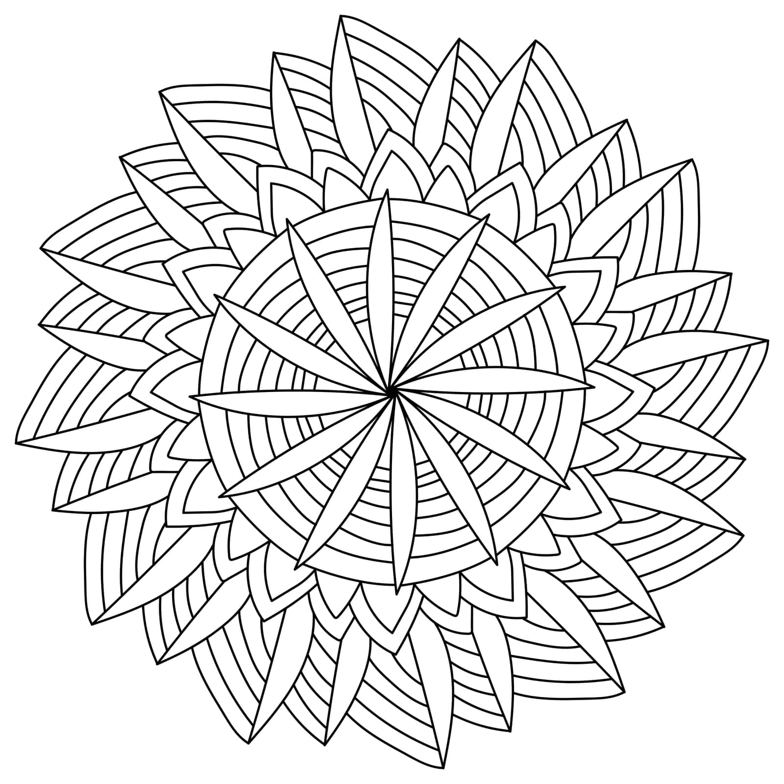 Floral mandala contour with striped petals, meditative coloring page for creativity vector illustration