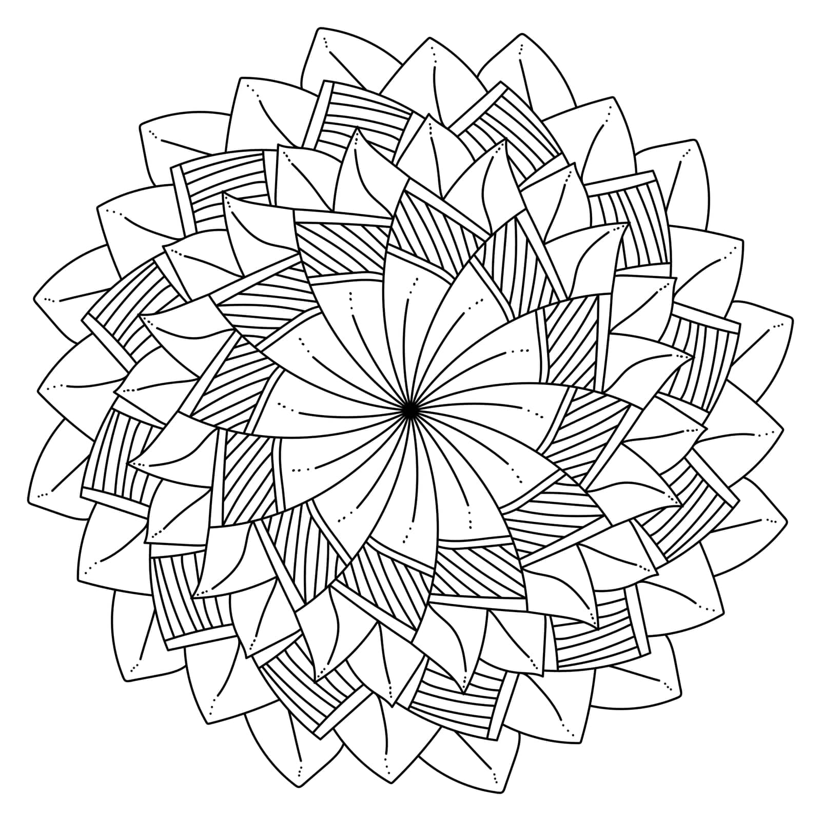Abstract mandala contour with striped petals, meditative coloring page for creativity vector illustration