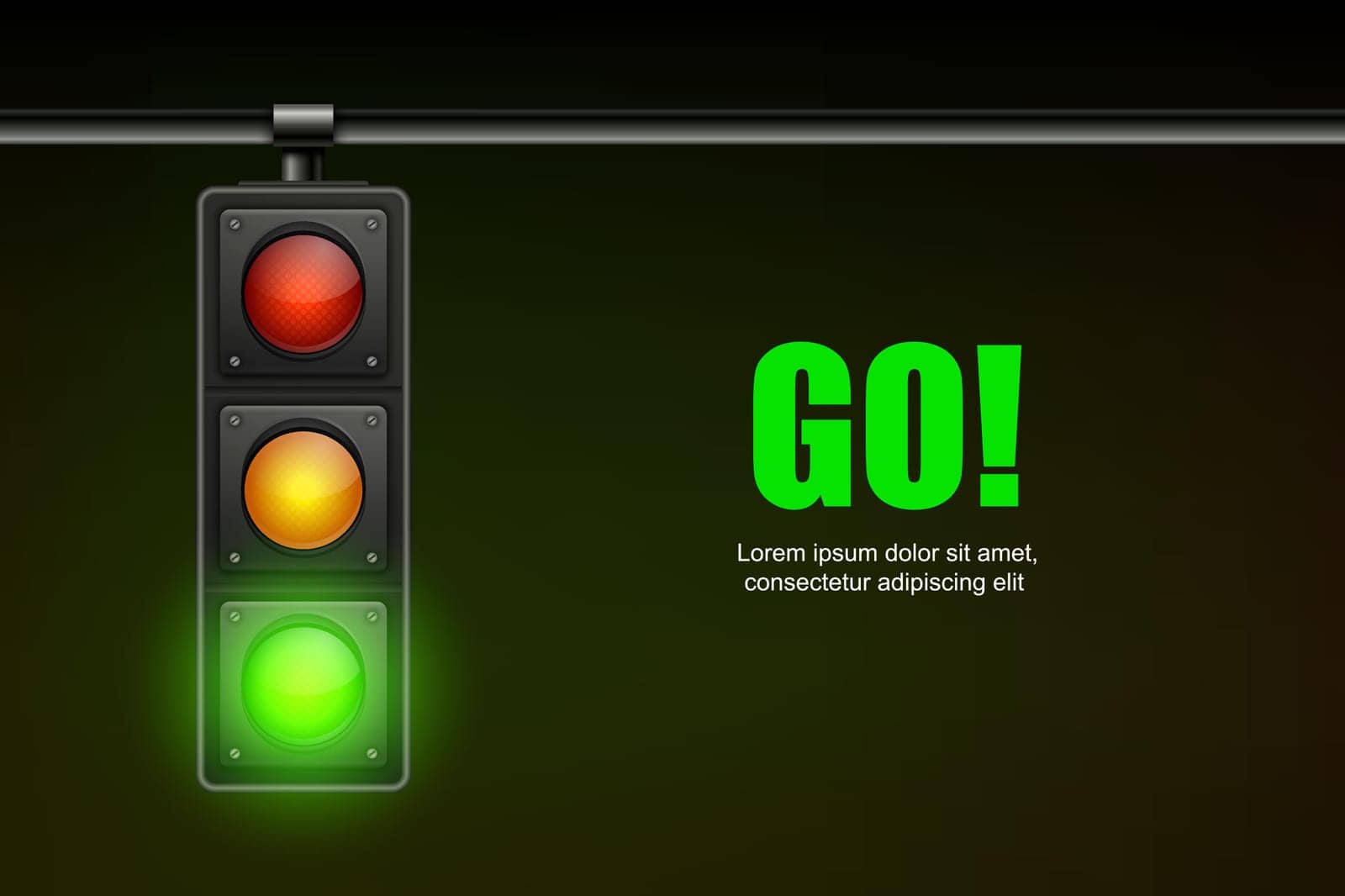 Vector Realistic Banner with Hanging Traffic Light with Glowing Green Permissive Signal Isolated on Black Background.