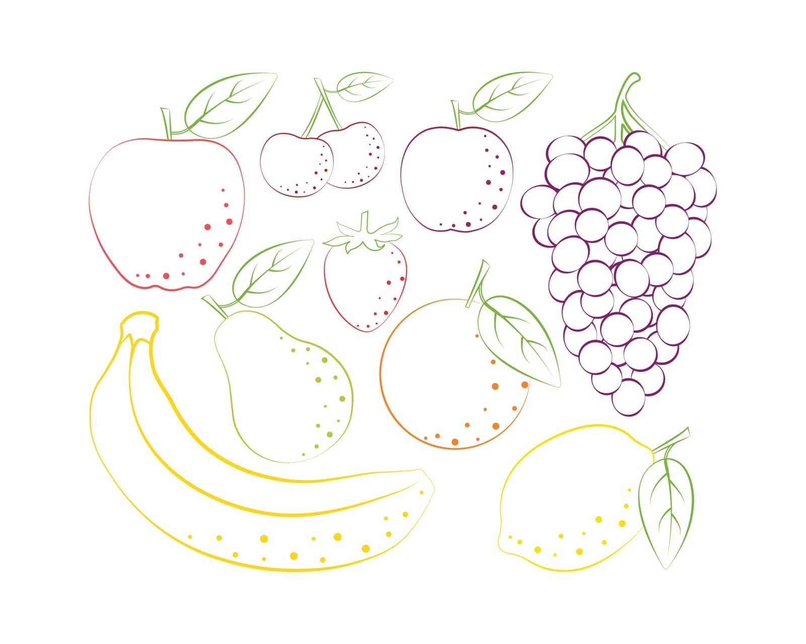 Fruit coloring book. Children coloring book featuring fruits such as apple, plum, cherry and strawberry, as well as grapes, pears and bananas. Tropical fruits coloring book. Banana, orange and lemon.