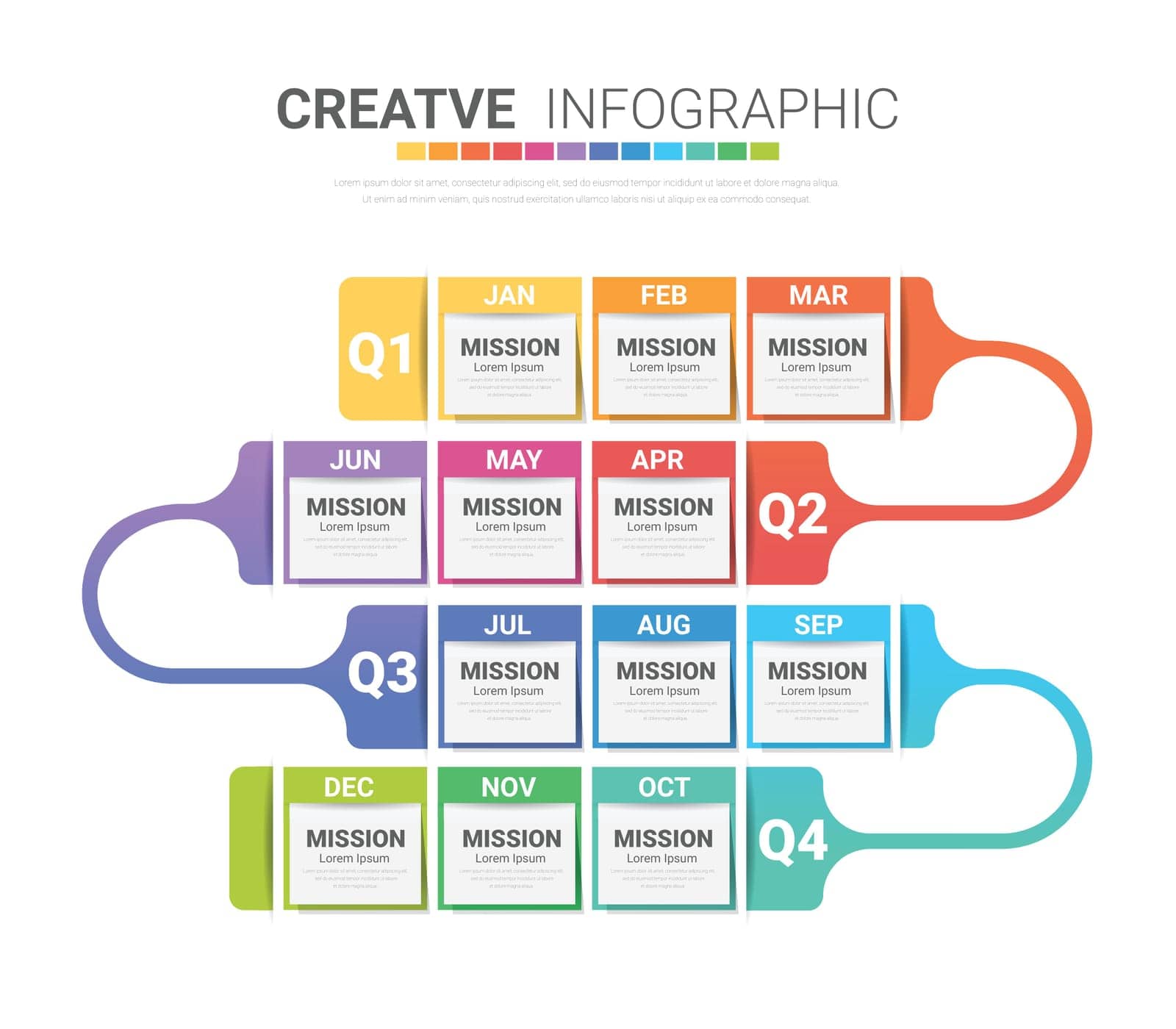 Infographic template for business. 12 Months modern Timeline element diagram calendar, 4 quarter steps milestone presentation vector infographic. EPS Vector.